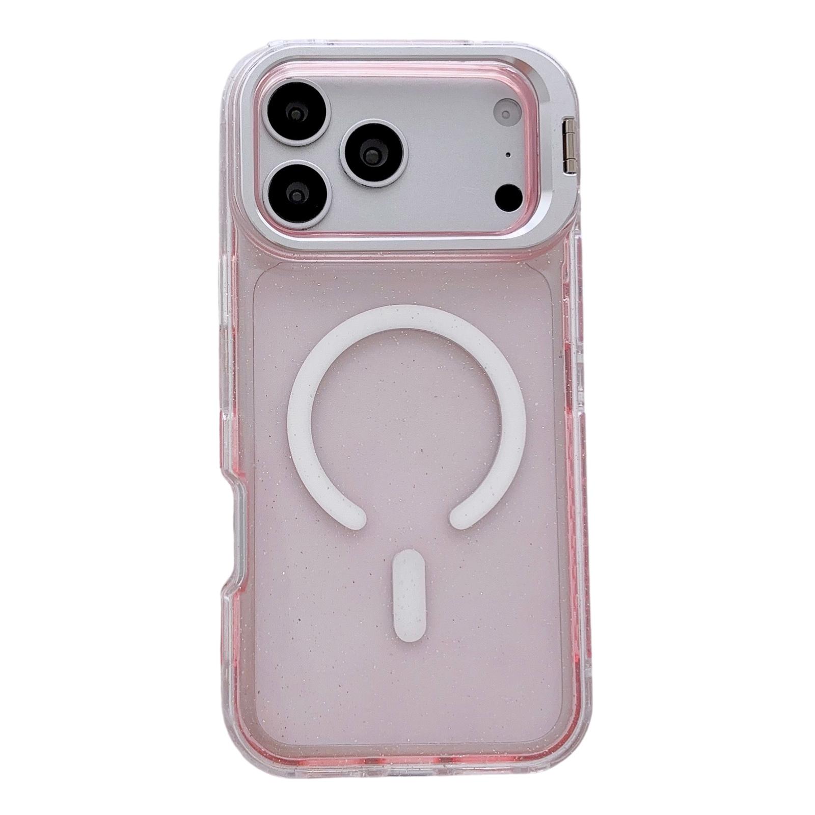 For iPhone 17 Pro Crystal Clear Glitter Camera Lens Holder Magnetic Phone Case(Pink) - Shopkiz.com