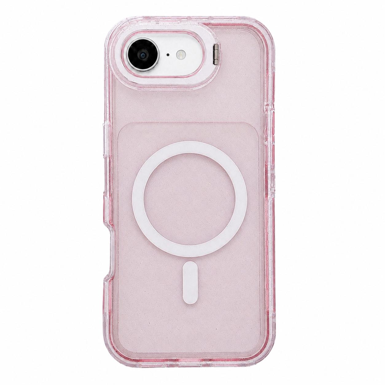 For iPhone 17e / 16e Crystal Clear Glitter Camera Lens Holder Magnetic Phone Case(Pink) - Shopkiz.com
