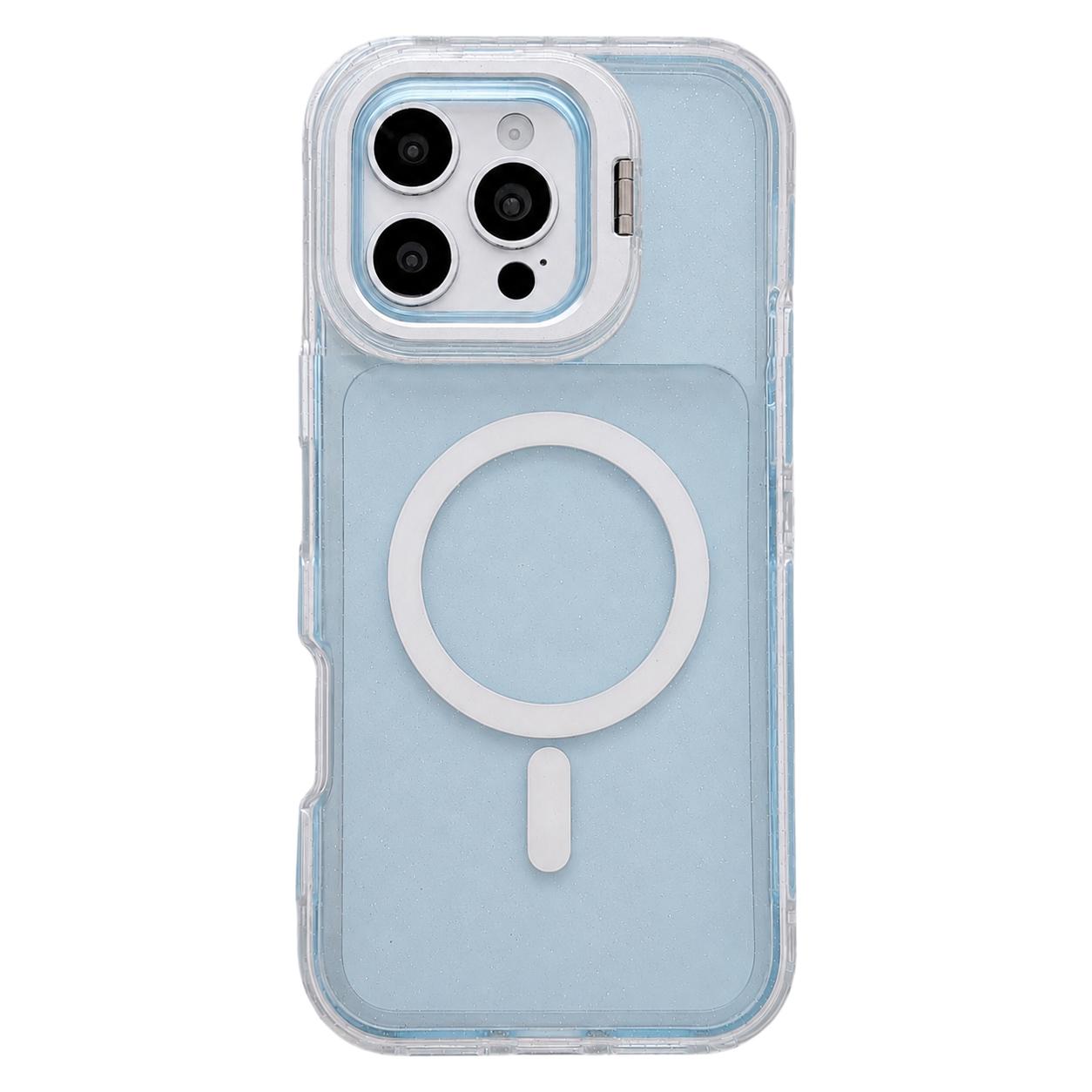 For iPhone 16 Pro Max Crystal Clear Glitter Camera Lens Holder Magnetic Phone Case(Blue) - Shopkiz.com