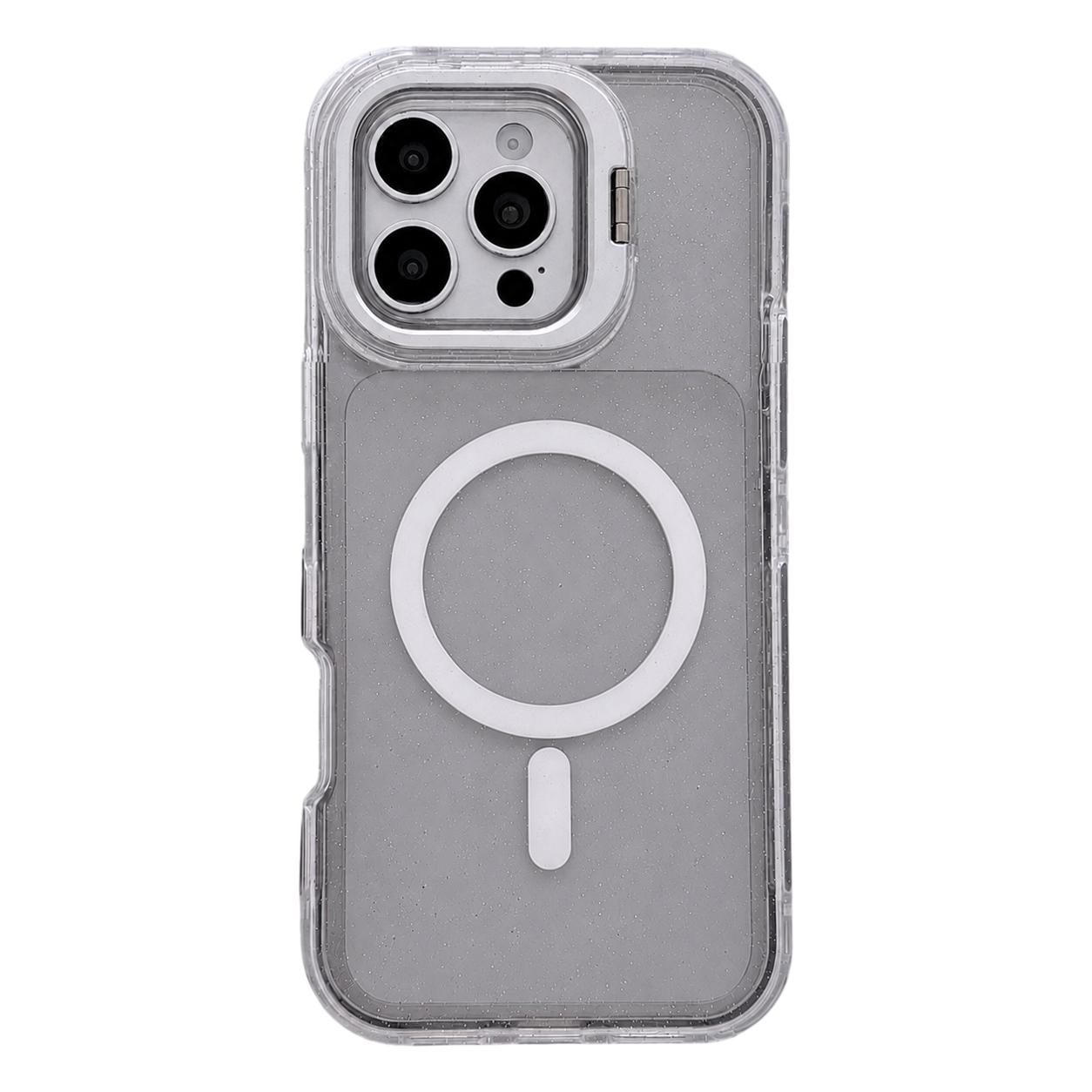 For iPhone 16 Pro Max Crystal Clear Glitter Camera Lens Holder Magnetic Phone Case(Black) - Shopkiz.com