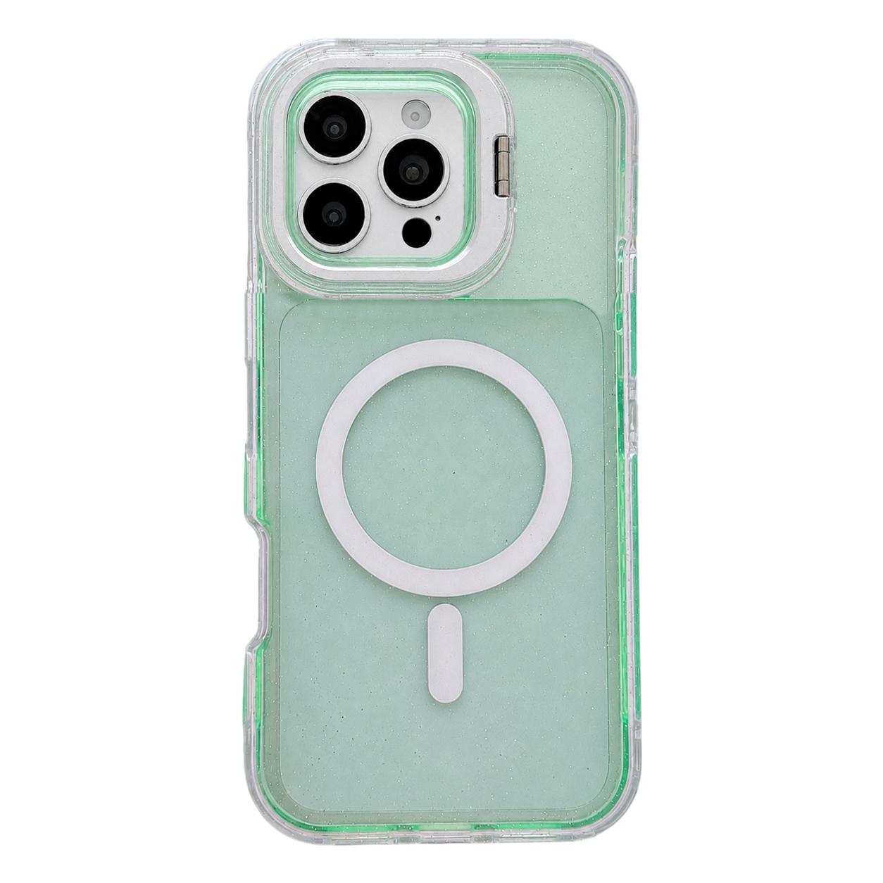 For iPhone 16 Pro Max Crystal Clear Glitter Camera Lens Holder Magnetic Phone Case(Green) - Shopkiz.com
