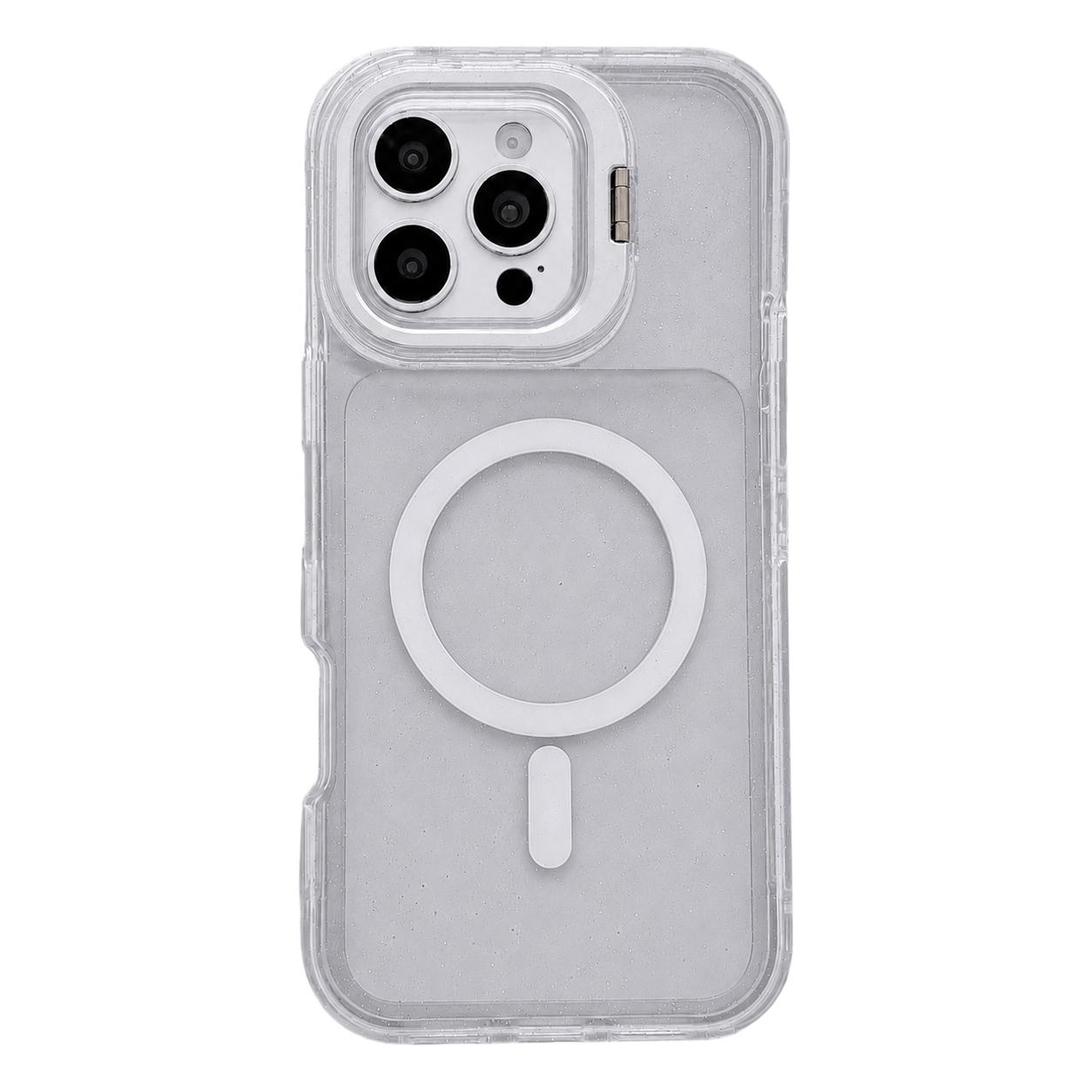 For iPhone 16 Pro Crystal Clear Glitter Camera Lens Holder Magnetic Phone Case(Transparent) - Shopkiz.com