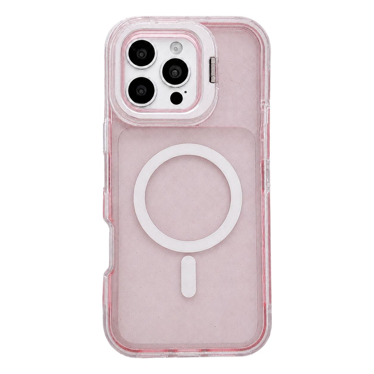 For iPhone 16 Pro Crystal Clear Glitter Camera Lens Holder Magnetic Phone Case(Pink) - Shopkiz.com
