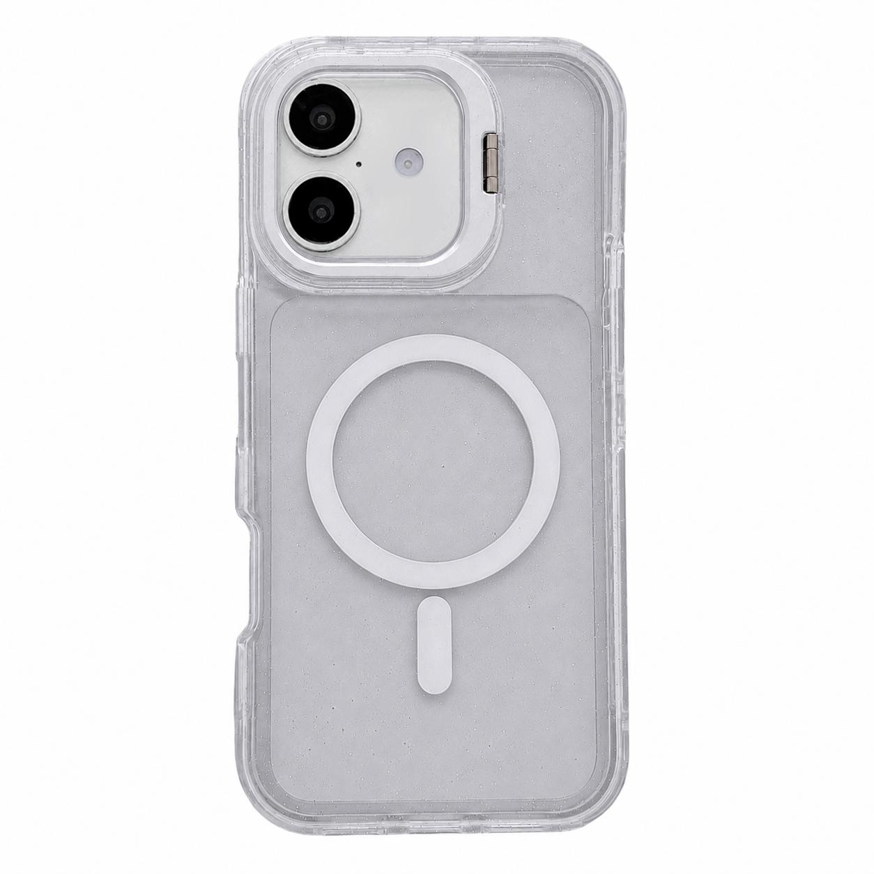 For iPhone 16 Plus Crystal Clear Glitter Camera Lens Holder Magnetic Phone Case(Transparent) - Shopkiz.com