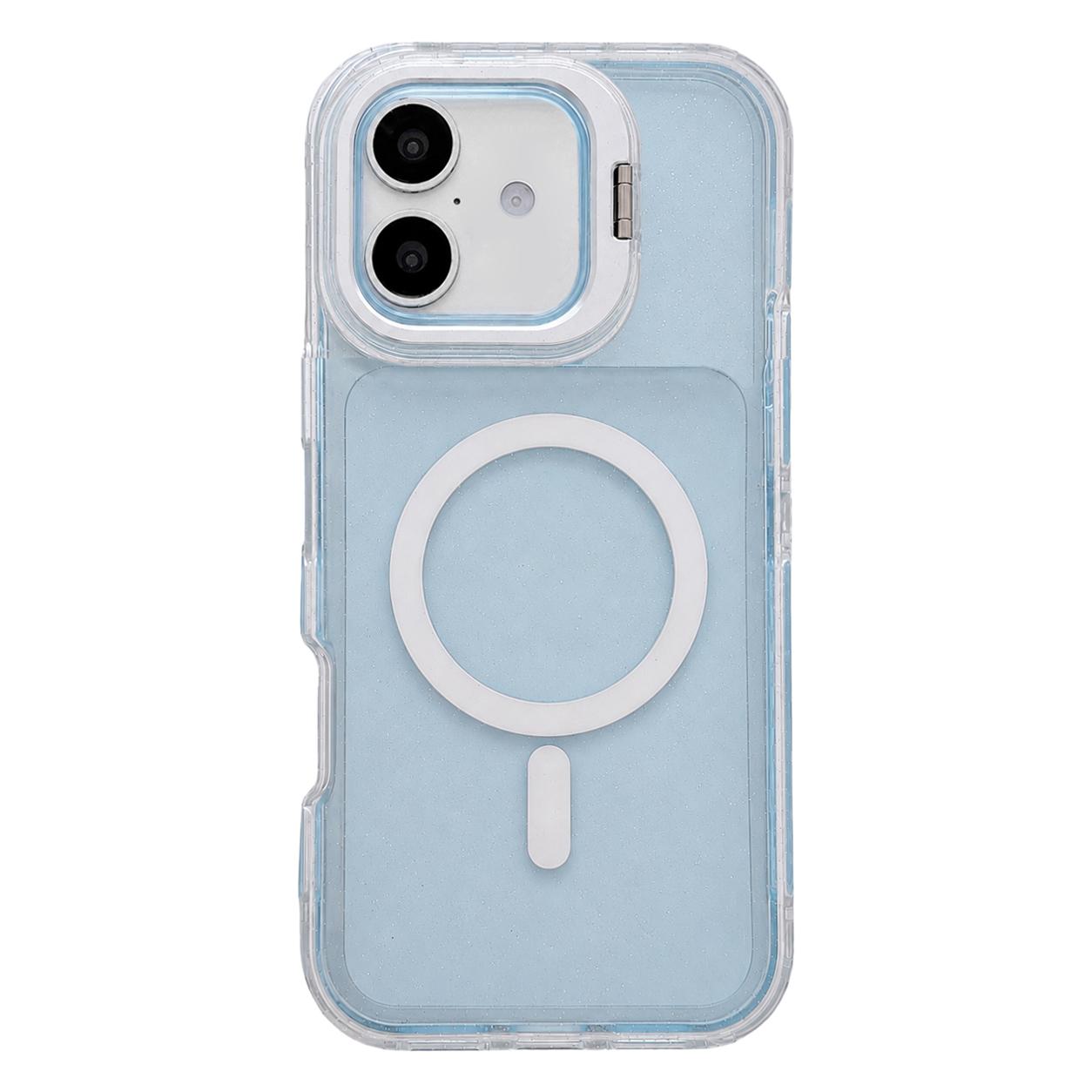 For iPhone 16 Plus Crystal Clear Glitter Camera Lens Holder Magnetic Phone Case(Blue) - Shopkiz.com