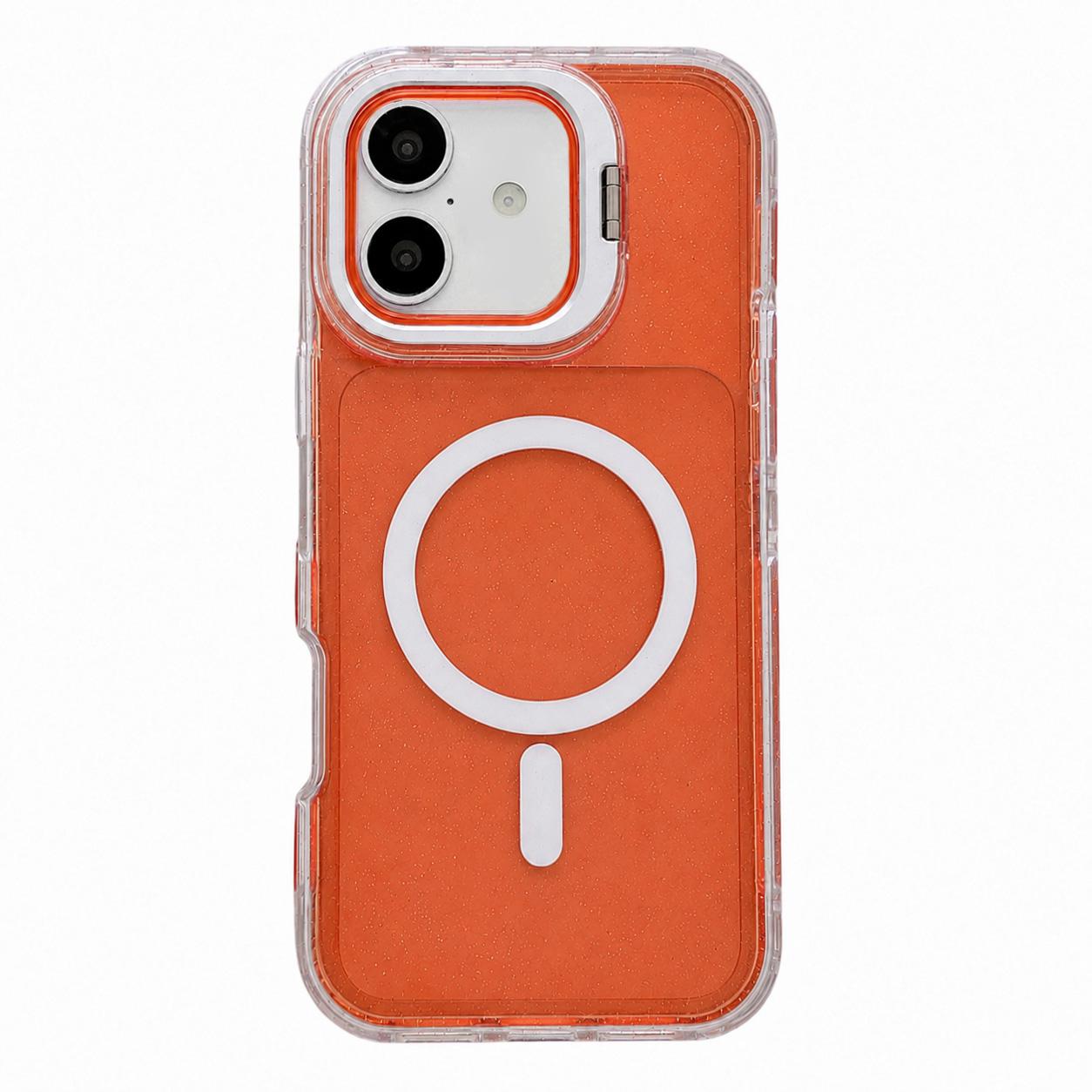 For iPhone 16 Plus Crystal Clear Glitter Camera Lens Holder Magnetic Phone Case(Orange) - Shopkiz.com