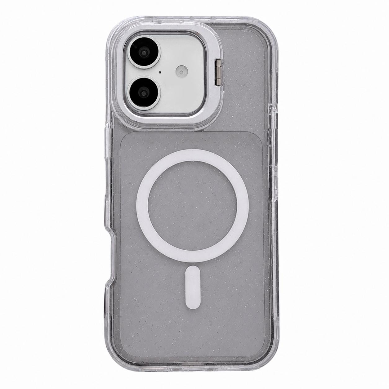 For iPhone 16 Plus Crystal Clear Glitter Camera Lens Holder Magnetic Phone Case(Black) - Shopkiz.com