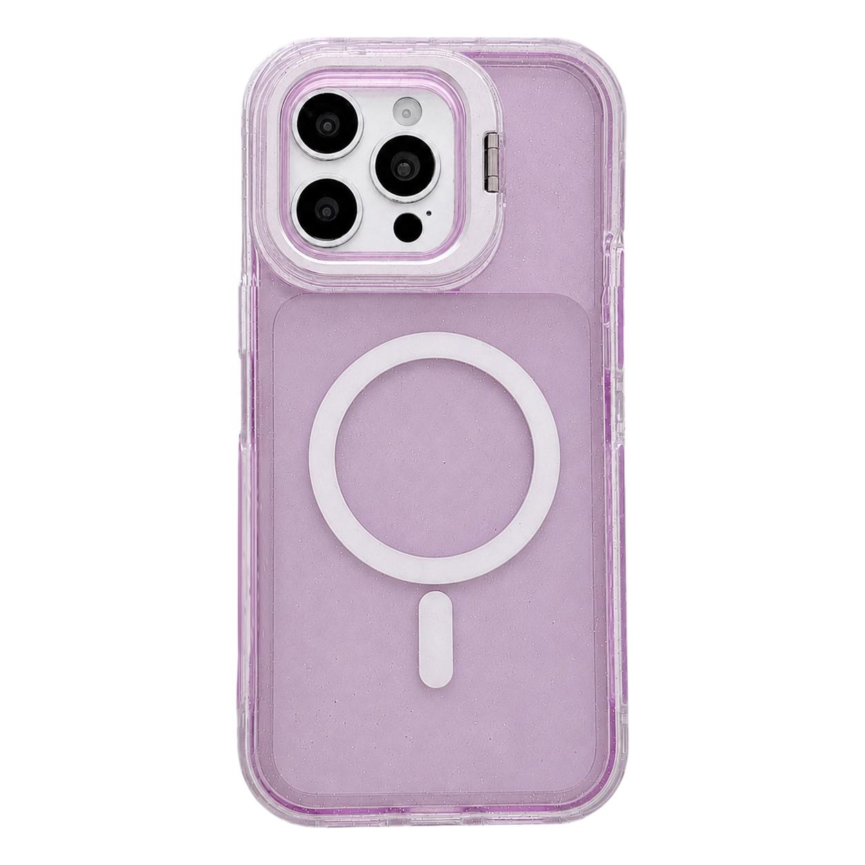 For iPhone 15 Pro Crystal Clear Glitter Camera Lens Holder Magnetic Phone Case(Purple) - Shopkiz.com