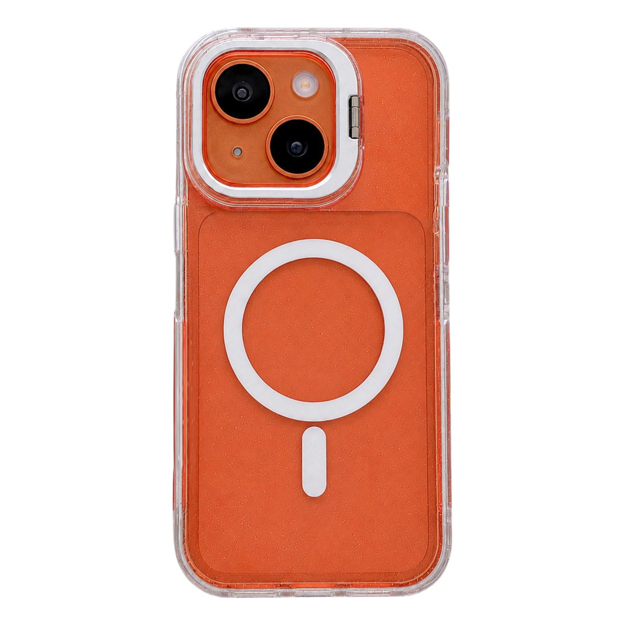 For iPhone 15 Plus Crystal Clear Glitter Camera Lens Holder Magnetic Phone Case(Orange) - Shopkiz.com
