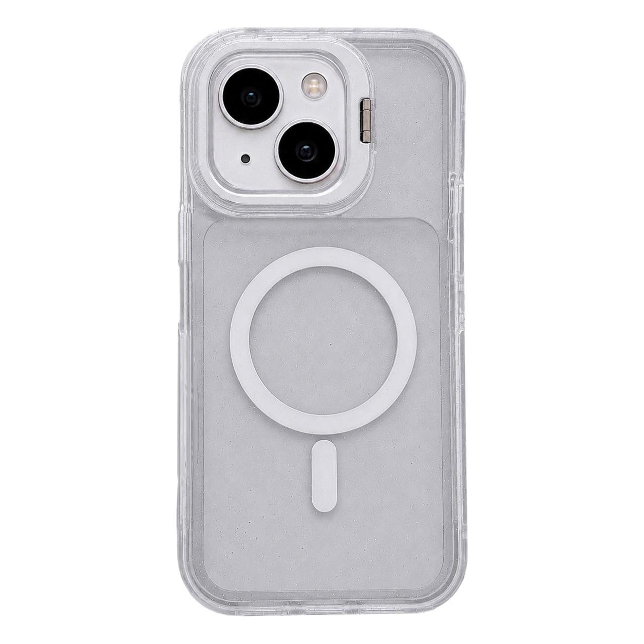 For iPhone 15 Crystal Clear Glitter Camera Lens Holder Magnetic Phone Case(Transparent) - Shopkiz.com