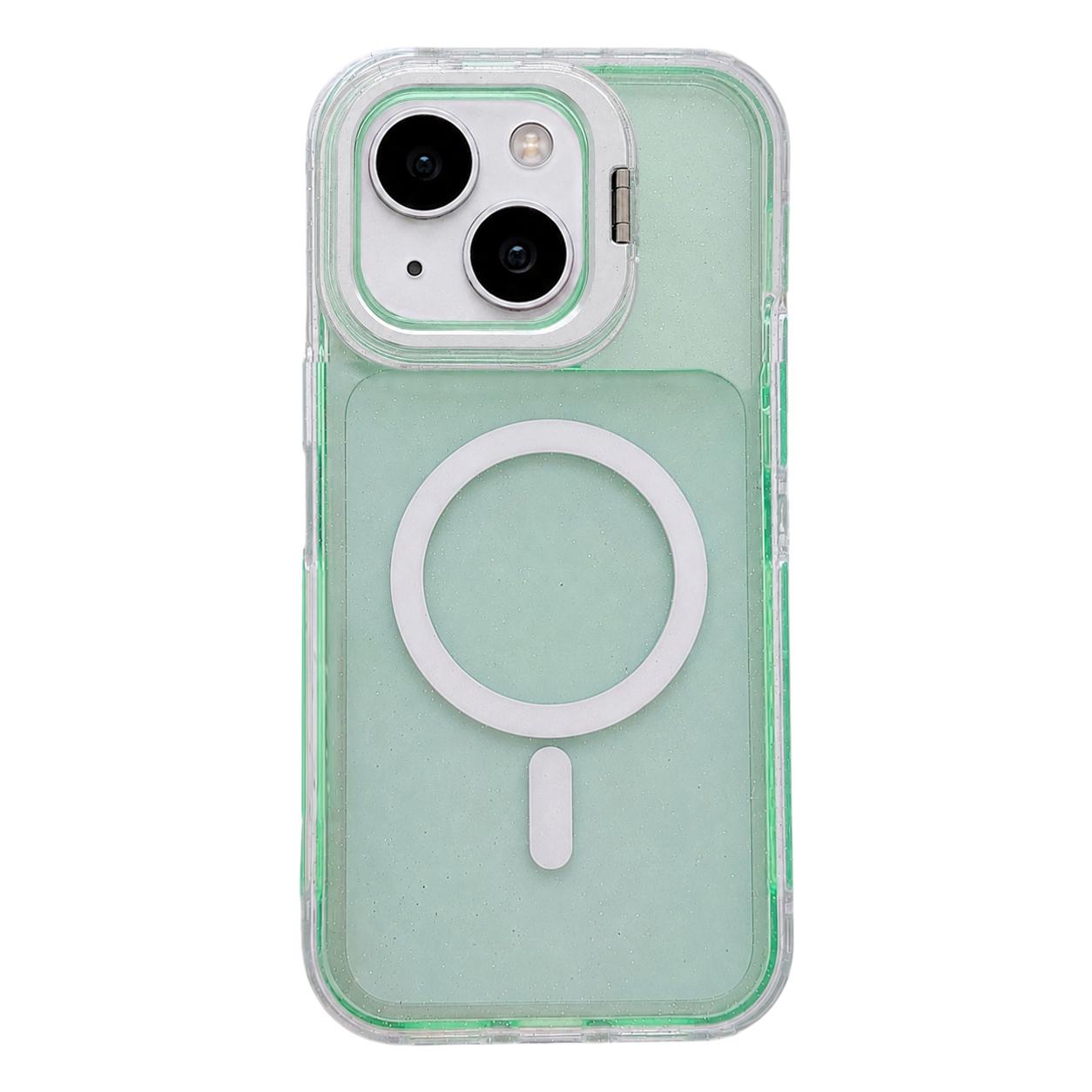 For iPhone 15 Crystal Clear Glitter Camera Lens Holder Magnetic Phone Case(Green) - Shopkiz.com
