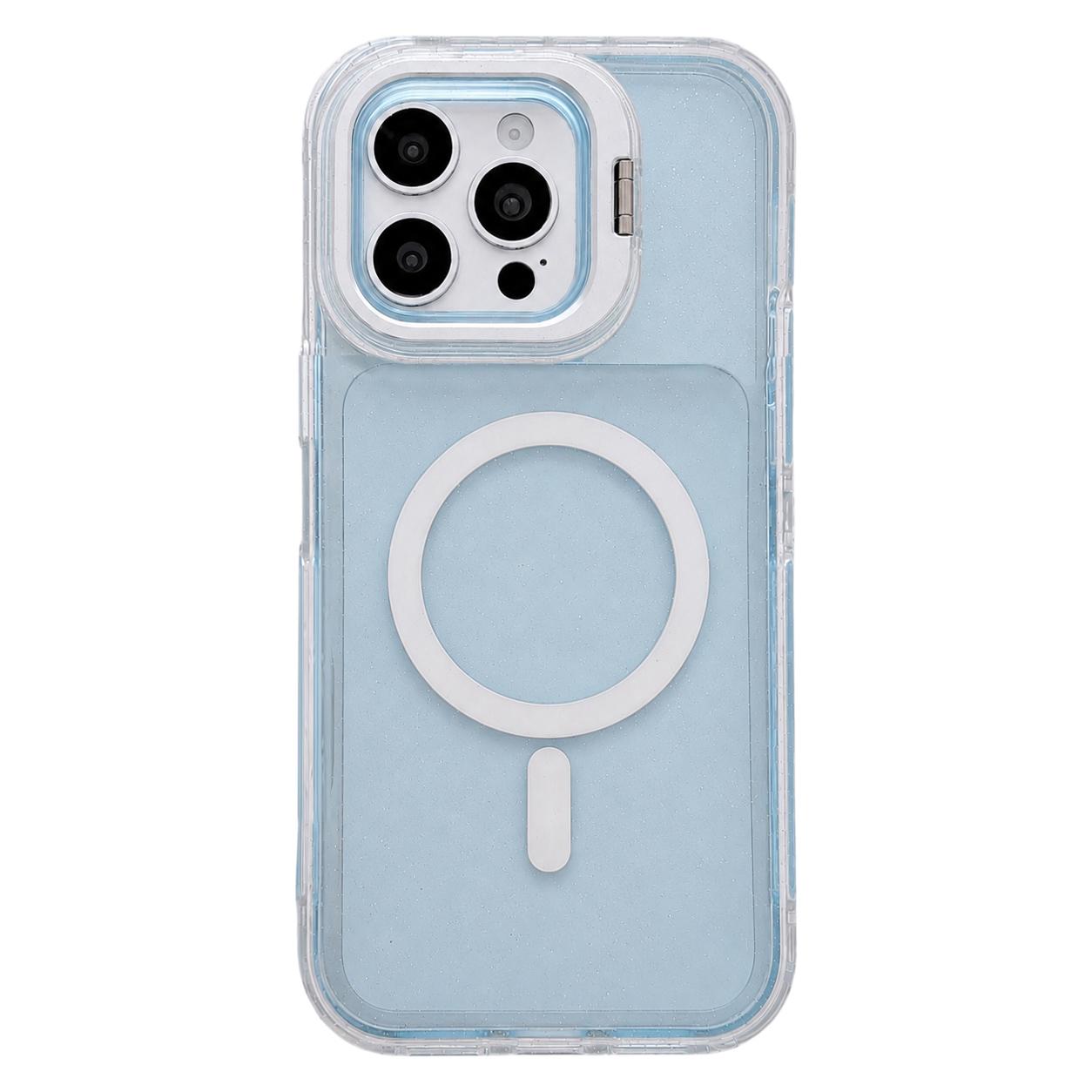 For iPhone 14 Pro Max Crystal Clear Glitter Camera Lens Holder Magnetic Phone Case(Blue) - Shopkiz.com
