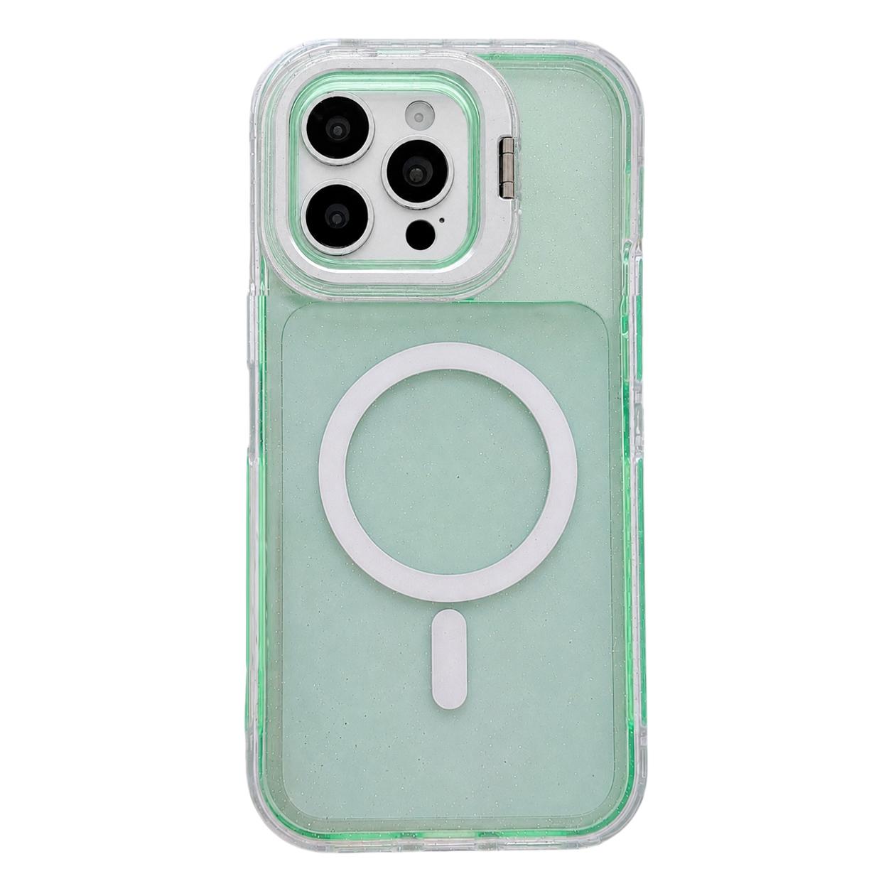 For iPhone 14 Pro Max Crystal Clear Glitter Camera Lens Holder Magnetic Phone Case(Green) - Shopkiz.com