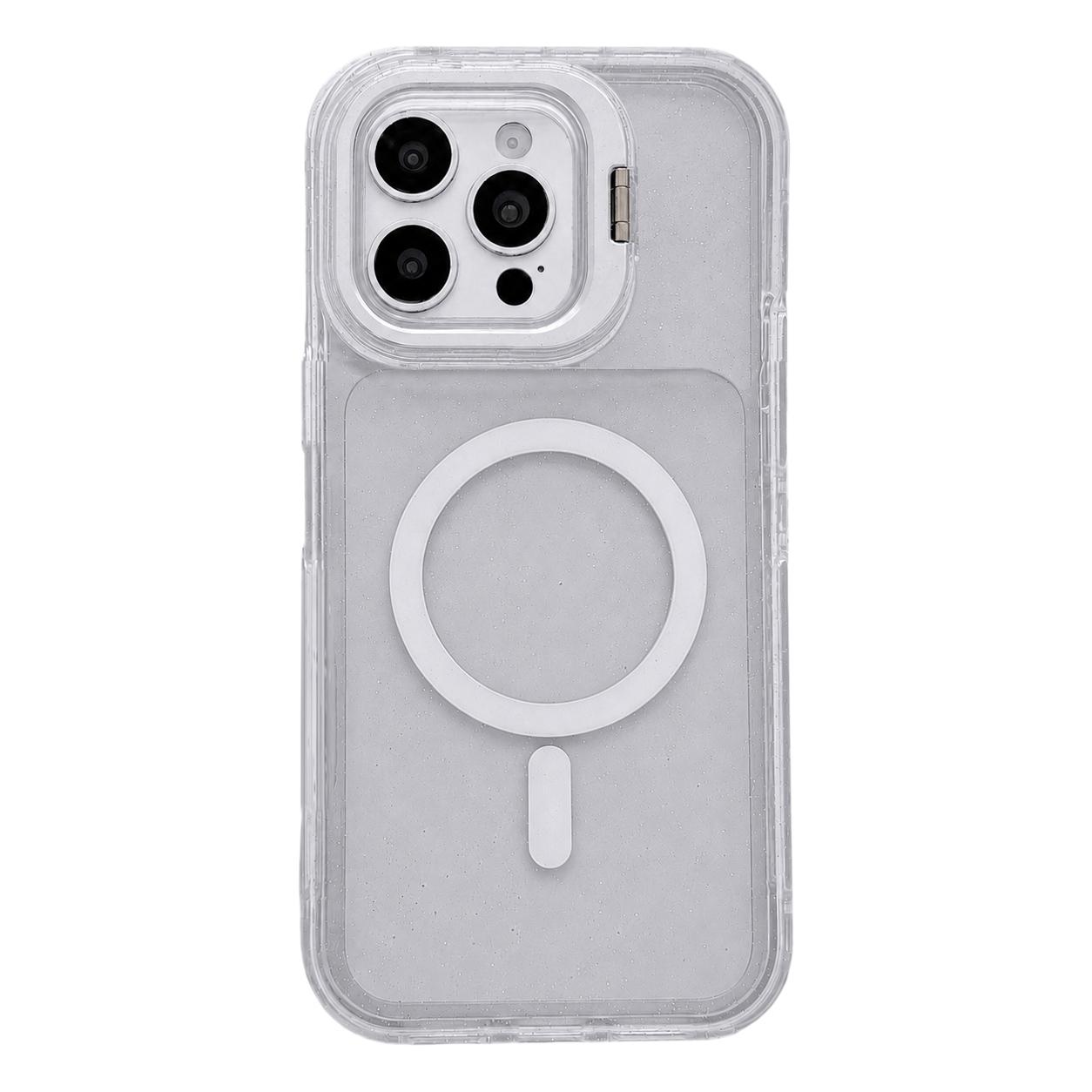 For iPhone 14 Pro Crystal Clear Glitter Camera Lens Holder Magnetic Phone Case(Transparent) - Shopkiz.com