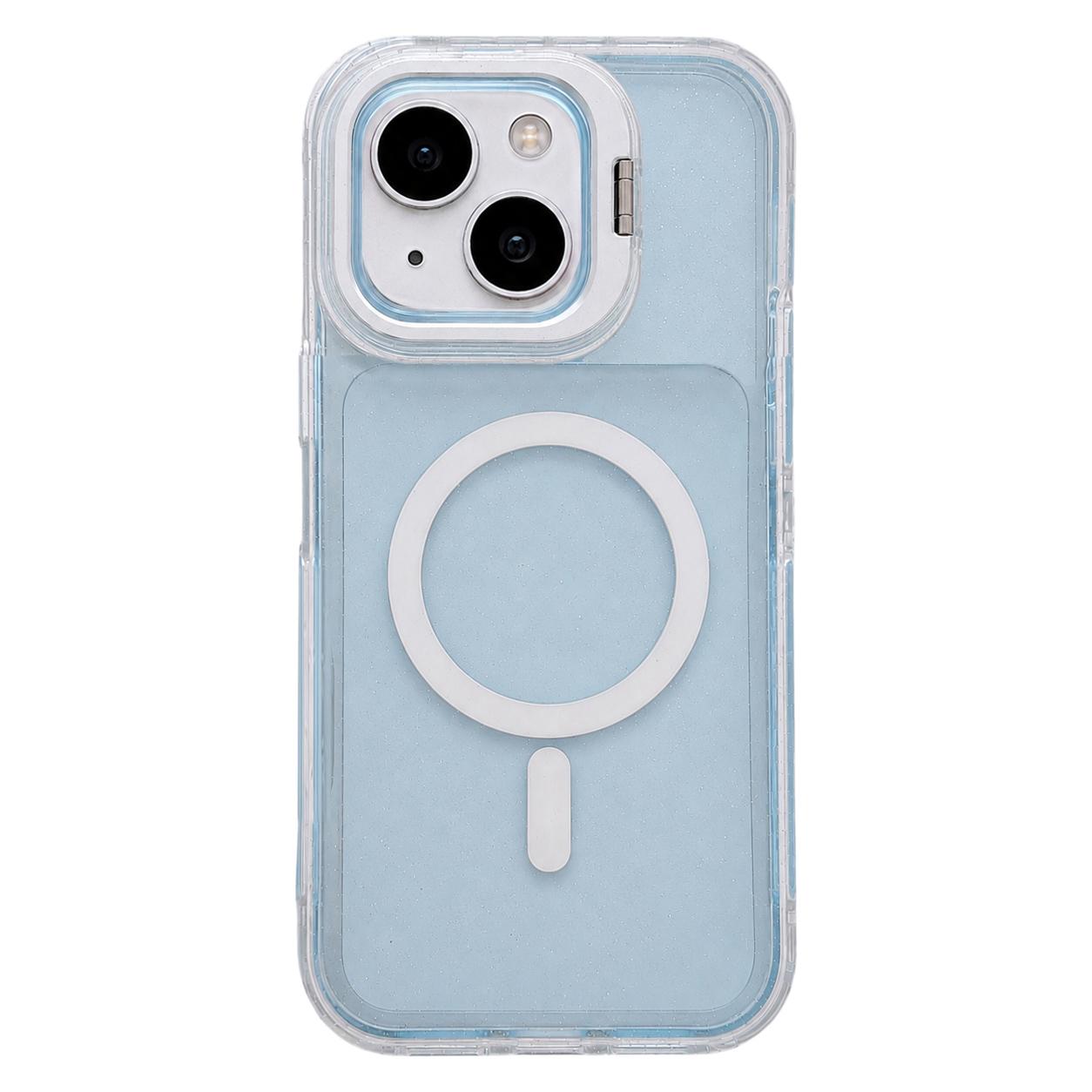 For iPhone 14 Crystal Clear Glitter Camera Lens Holder Magnetic Phone Case(Blue) - Shopkiz.com