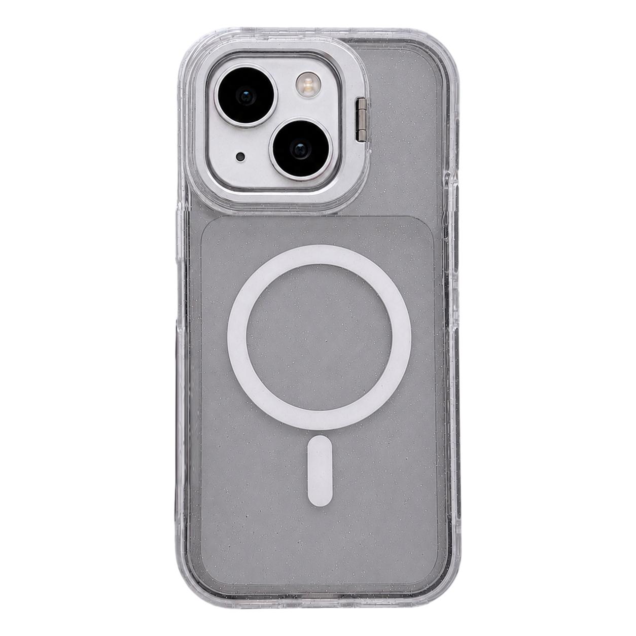 For iPhone 14 Crystal Clear Glitter Camera Lens Holder Magnetic Phone Case(Black) - Shopkiz.com