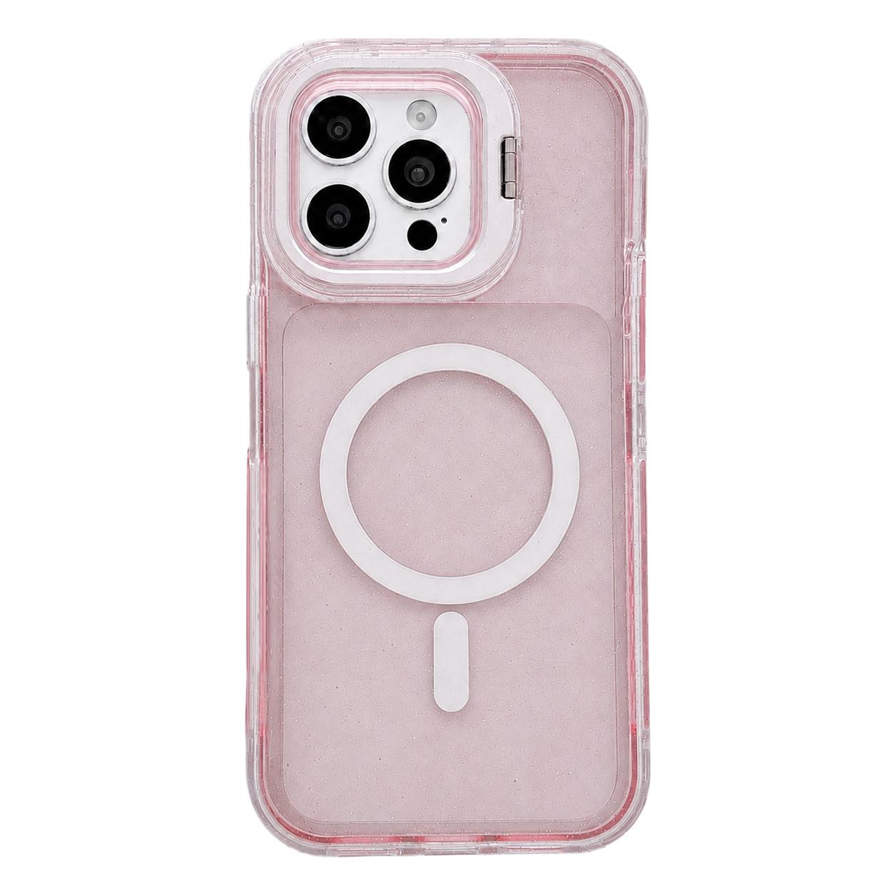 For iPhone 13 Pro Max Crystal Clear Glitter Camera Lens Holder Magnetic Phone Case(Pink) - Shopkiz.com