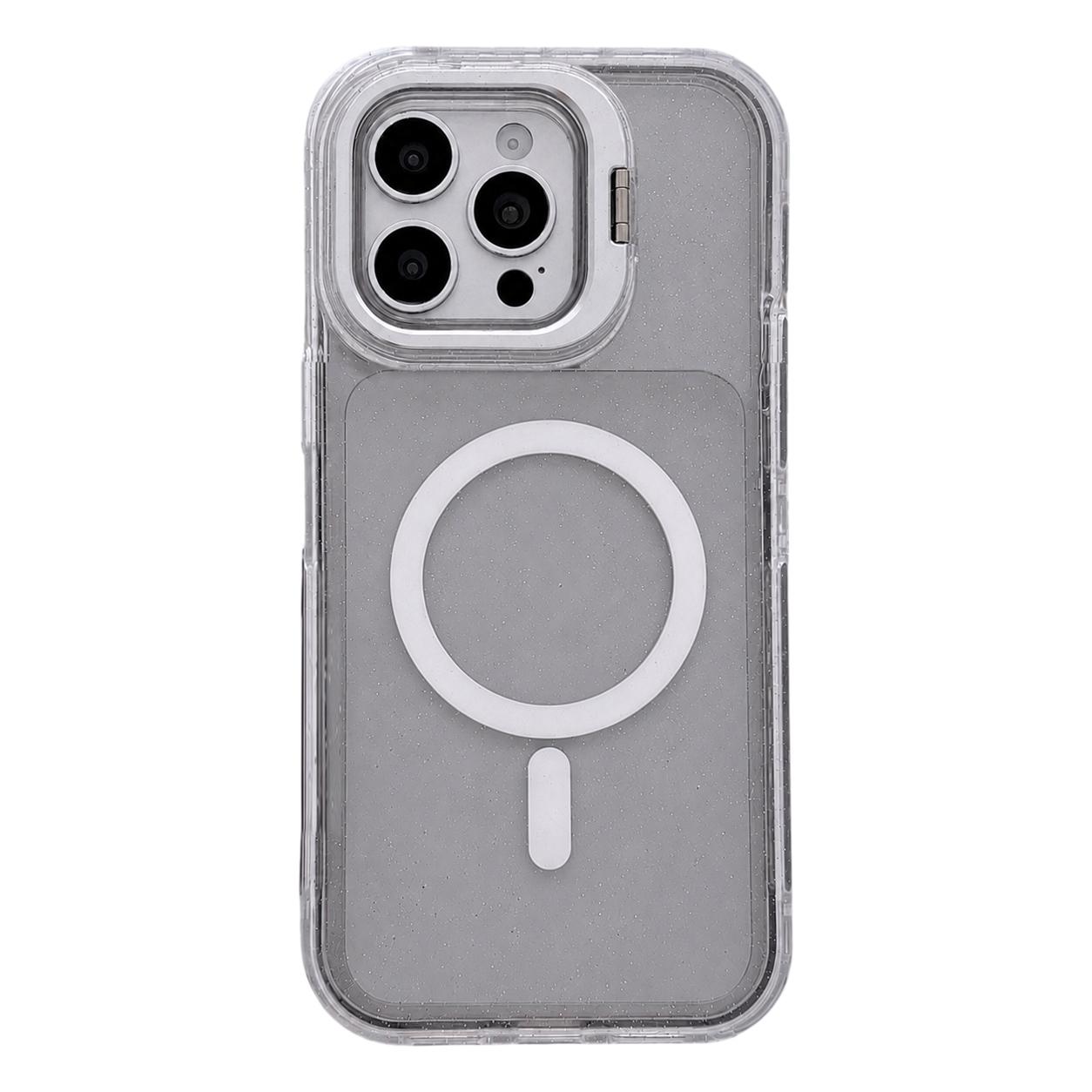 For iPhone 13 Pro Max Crystal Clear Glitter Camera Lens Holder Magnetic Phone Case(Black) - Shopkiz.com