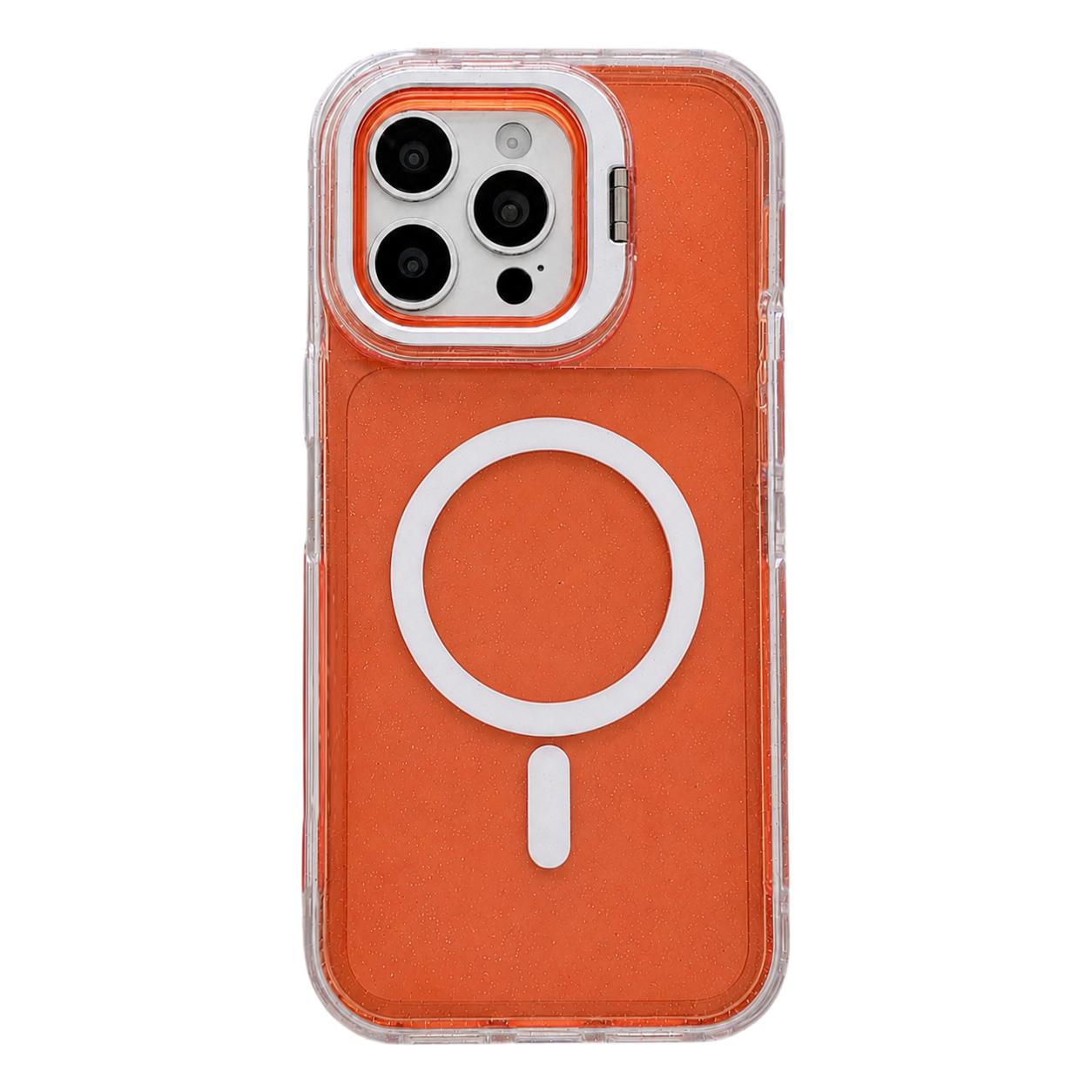 For iPhone 13 Pro Crystal Clear Glitter Camera Lens Holder Magnetic Phone Case(Orange) - Shopkiz.com