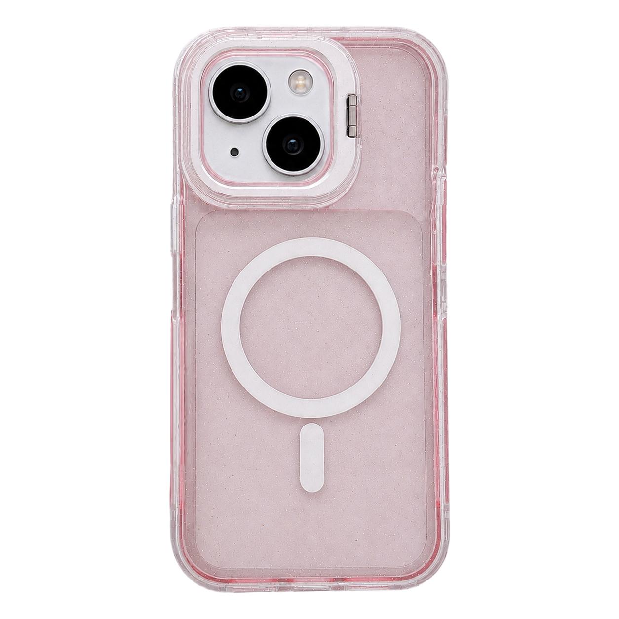 For iPhone 13 Crystal Clear Glitter Camera Lens Holder Magnetic Phone Case(Pink) - Shopkiz.com