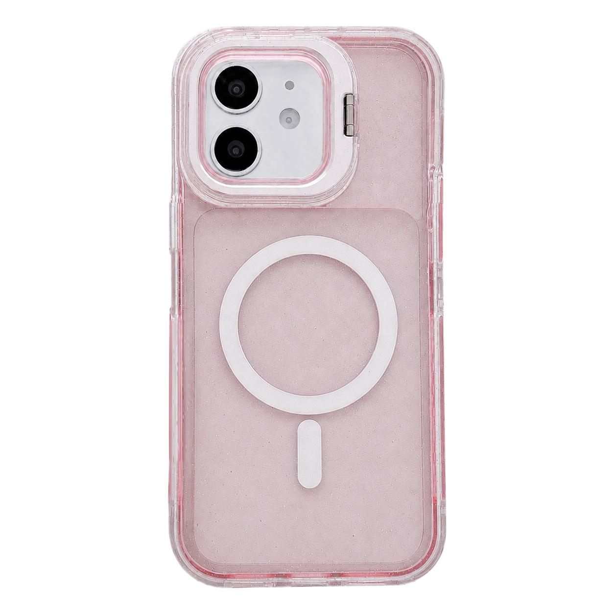 For iPhone 12 Crystal Clear Glitter Camera Lens Holder Magnetic Phone Case(Pink) - Shopkiz.com