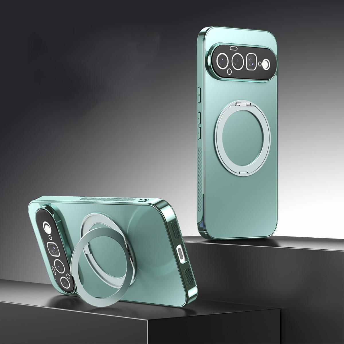For Google Pixel 11 360 Degree Rotating Holder MagSafe Electroplated Phone Case with Lens Cover(Green) - Shopkiz.com