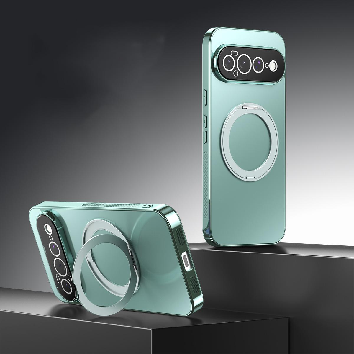 For Google Pixel 11 Pro 360 Degree Rotating Holder MagSafe Electroplated Phone Case with Lens Cover(Green) - Shopkiz.com