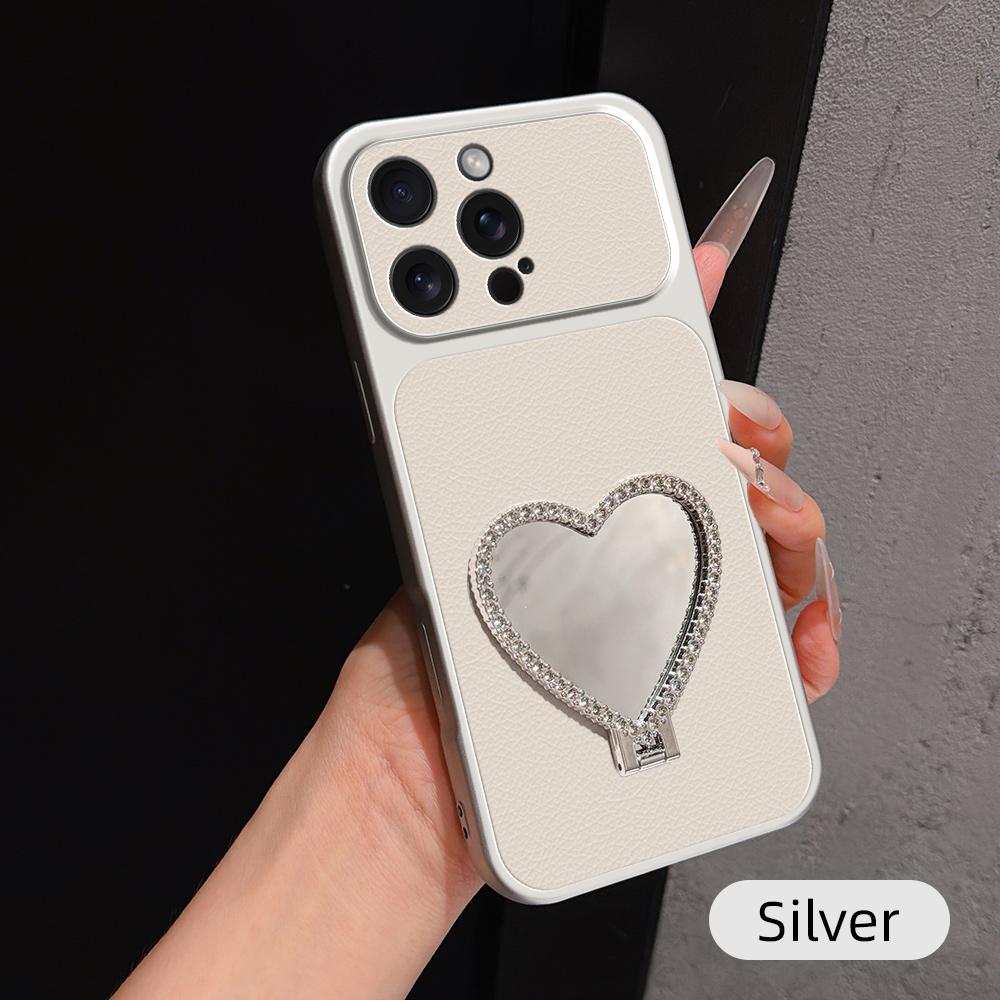 For iPhone 15 Pro Max Lambskin Series Skin Feel Shockproof Phone Case with Heart Mirror Holder(Silver) - Shopkiz.com