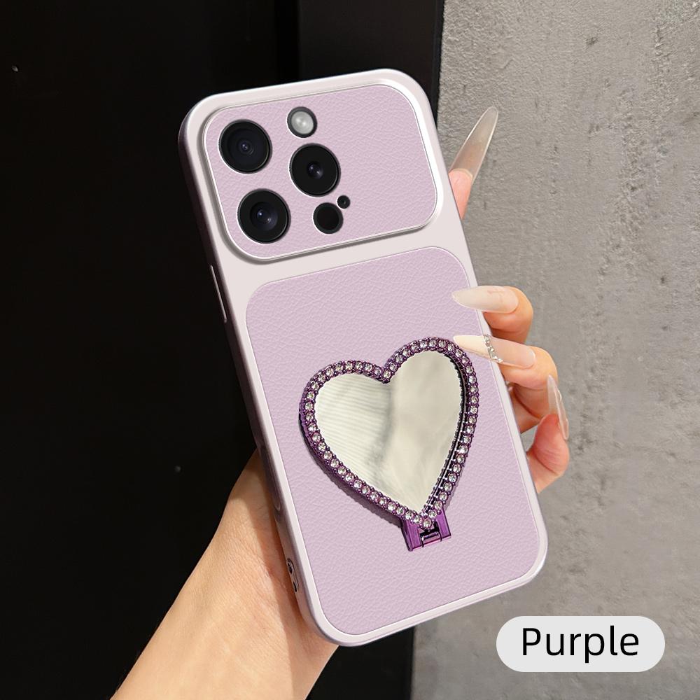 For iPhone 15 Pro Lambskin Series Skin Feel Shockproof Phone Case with Heart Mirror Holder(Purple) - Shopkiz.com
