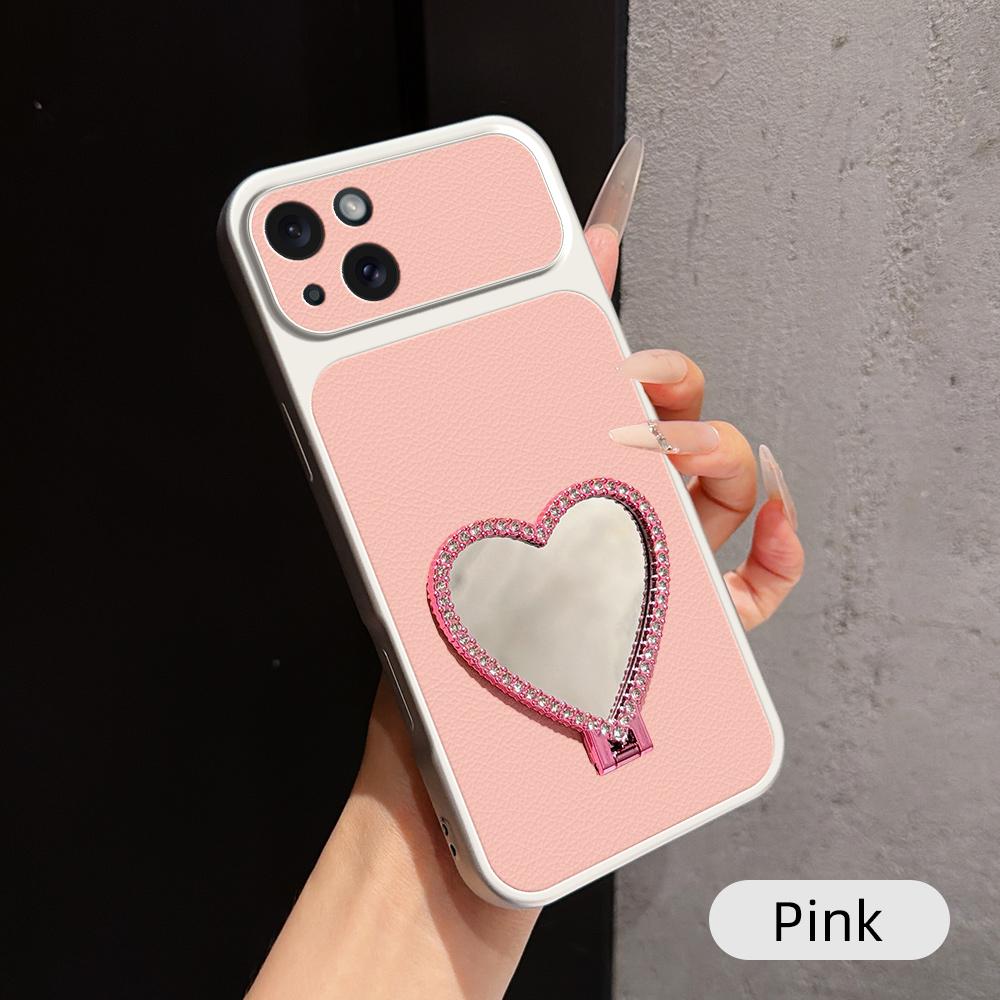 For iPhone 15 Plus Lambskin Series Skin Feel Shockproof Phone Case with Heart Mirror Holder(Pink) - Shopkiz.com