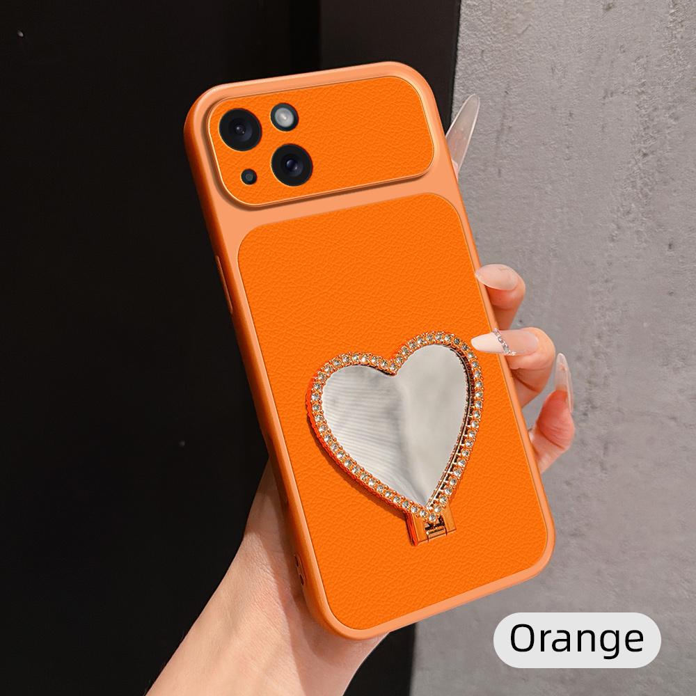 For iPhone 15 Plus Lambskin Series Skin Feel Shockproof Phone Case with Heart Mirror Holder(Orange) - Shopkiz.com