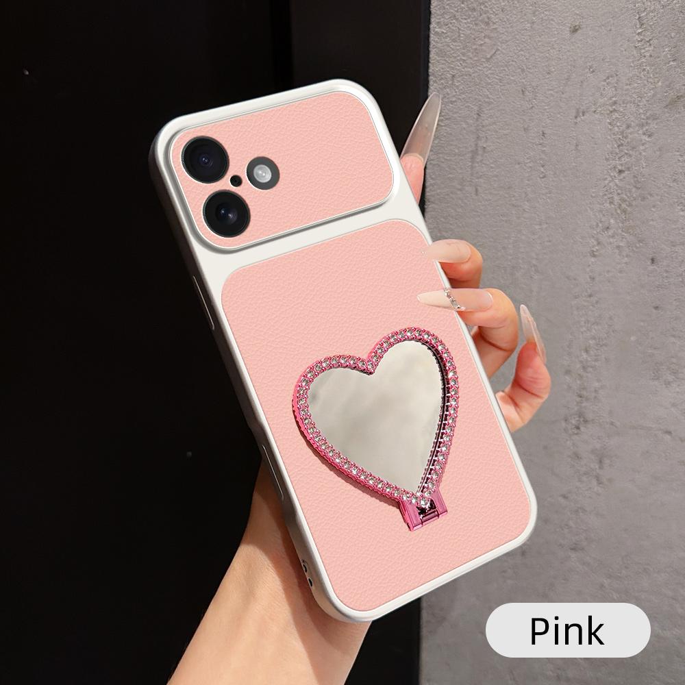 For iPhone 16 Plus Lambskin Series Skin Feel Shockproof Phone Case with Heart Mirror Holder(Pink) - Shopkiz.com