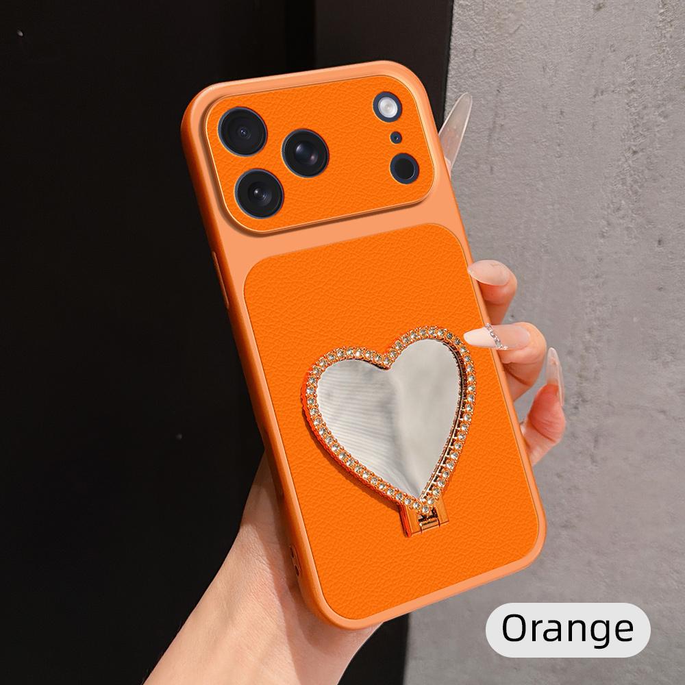 For iPhone 17 Pro Max Lambskin Series Skin Feel Shockproof Phone Case with Heart Mirror Holder(Orange) - Shopkiz.com