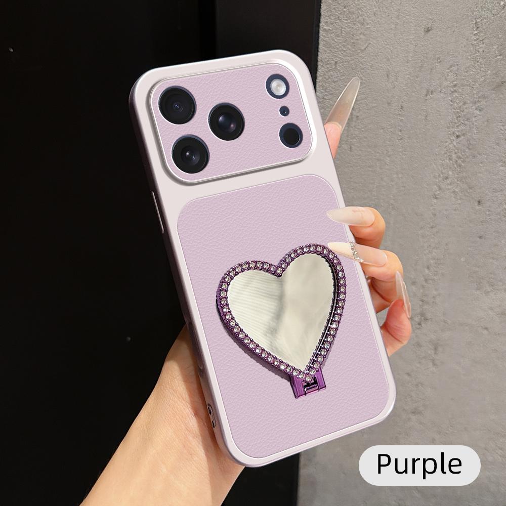 For iPhone 17 Pro Lambskin Series Skin Feel Shockproof Phone Case with Heart Mirror Holder(Purple) - Shopkiz.com