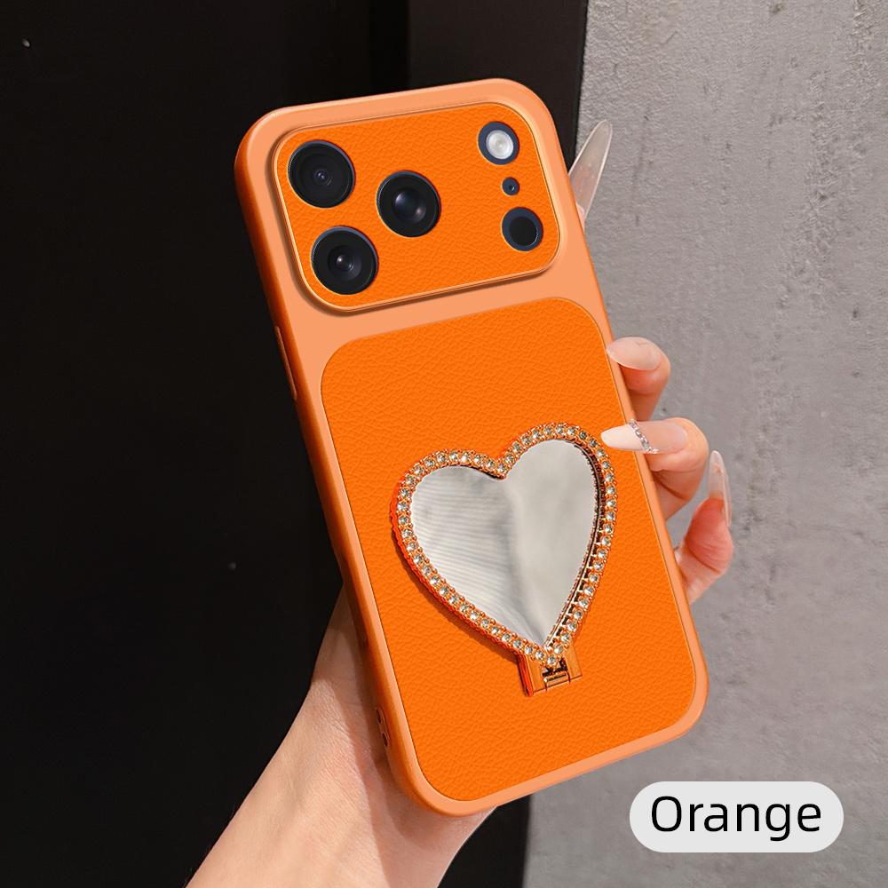 For iPhone 17 Pro Lambskin Series Skin Feel Shockproof Phone Case with Heart Mirror Holder(Orange) - Shopkiz.com