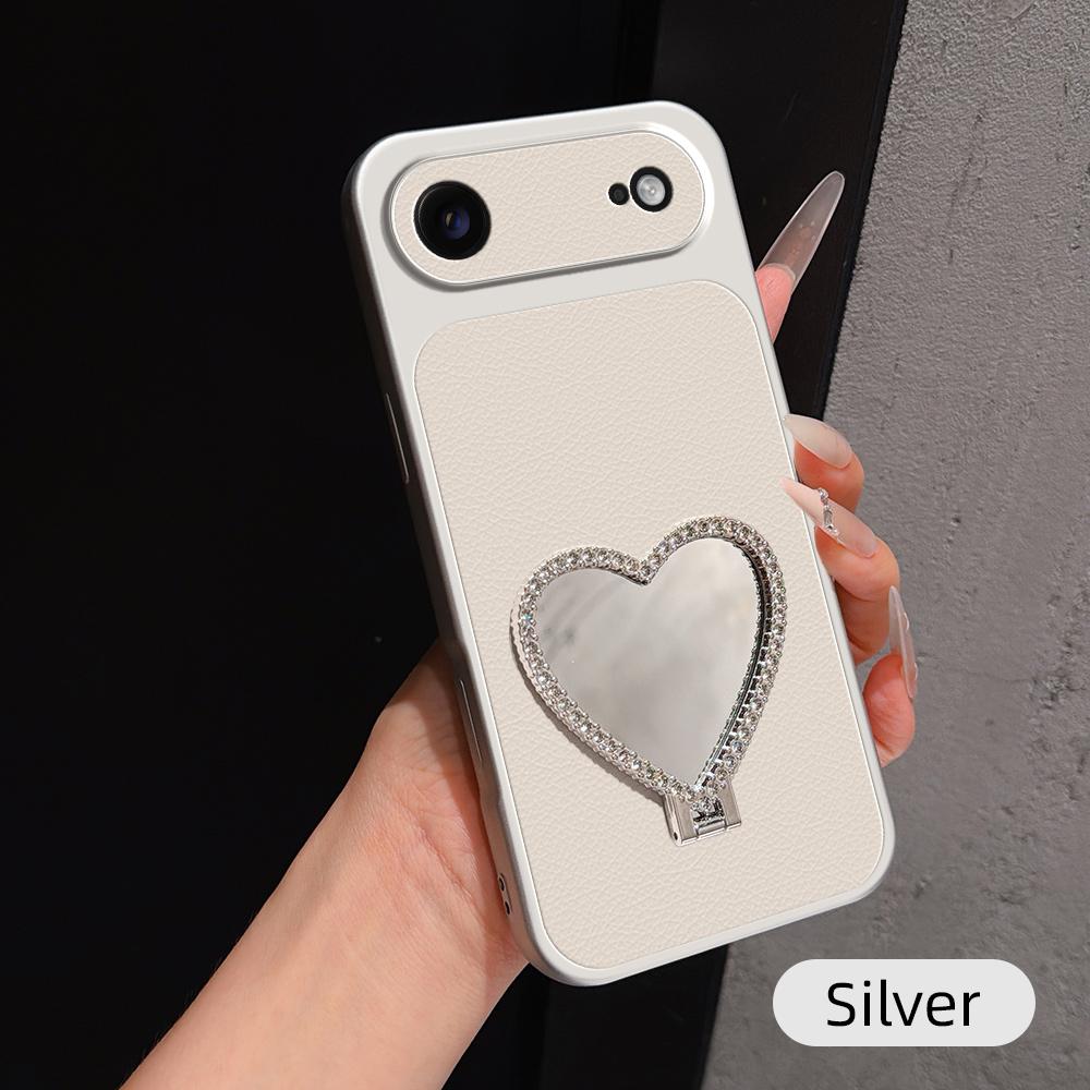 For iPhone Air Lambskin Series Skin Feel Shockproof Phone Case with Heart Mirror Holder(Silver) - Shopkiz.com