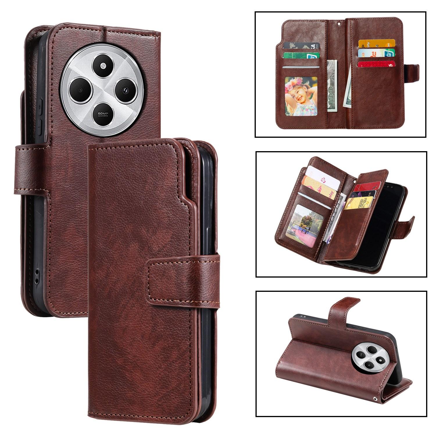 For Redmi 14C 4G / 5G Tri-Fold 9-Card Wallets Leather Phone Case(Brown) - Shopkiz.com