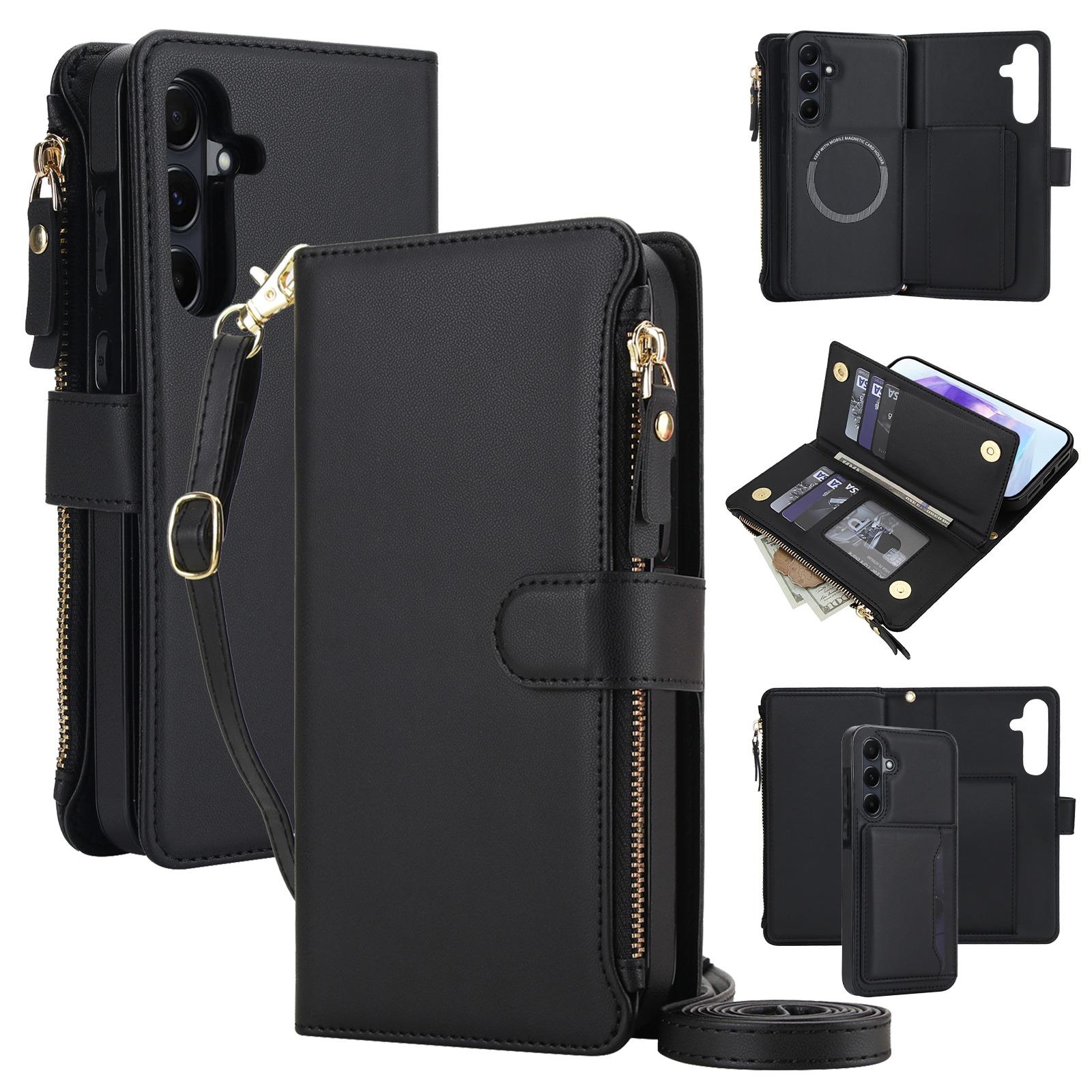 For Galaxy A15 5G / 4G KLT-033 Detachable 2 in 1 Zipper Wallet Magnetic Phone Case with Lanyard(Black) - Shopkiz.com