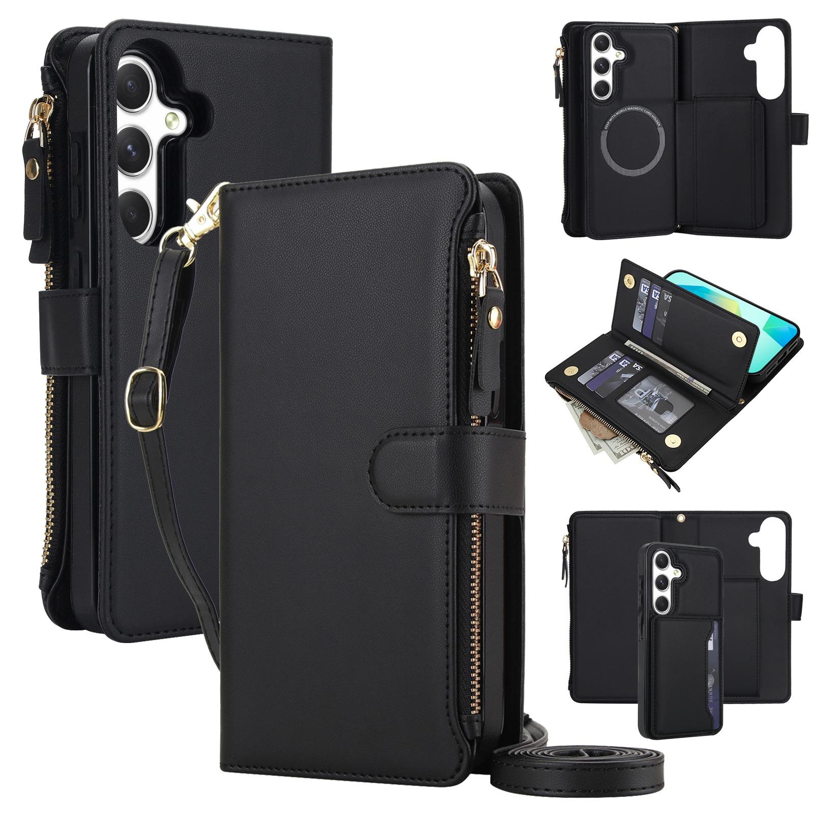 For Galaxy A16 5G KLT-033 Detachable 2 in 1 Zipper Wallet Magnetic Phone Case with Lanyard(Black) - Shopkiz.com