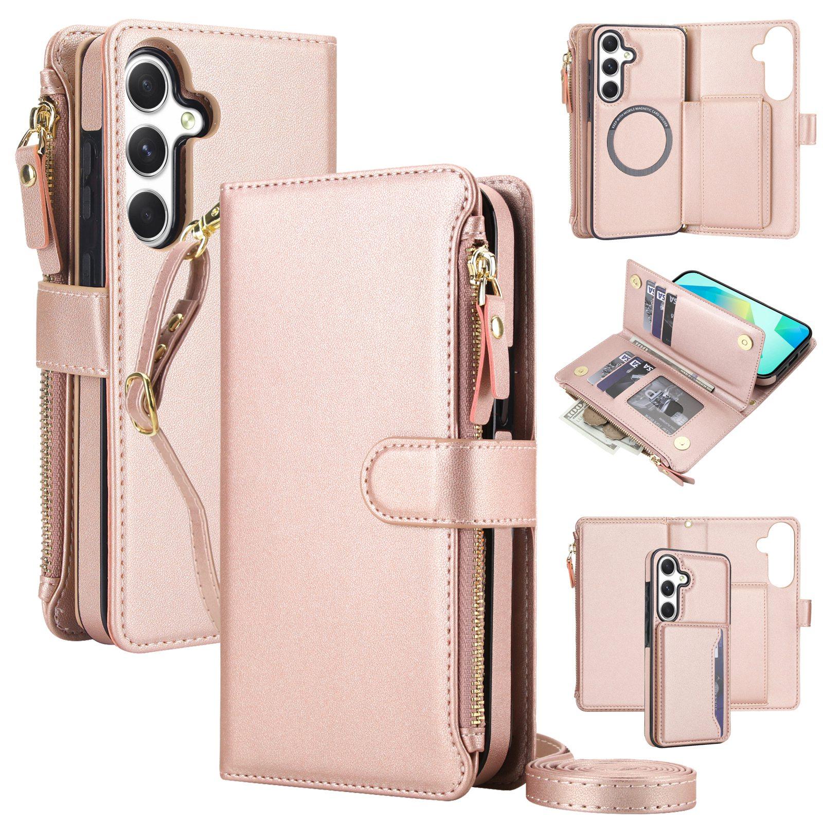 For Galaxy A16 5G KLT-033 Detachable 2 in 1 Zipper Wallet Magnetic Phone Case with Lanyard(Rose Gold) - Shopkiz.com