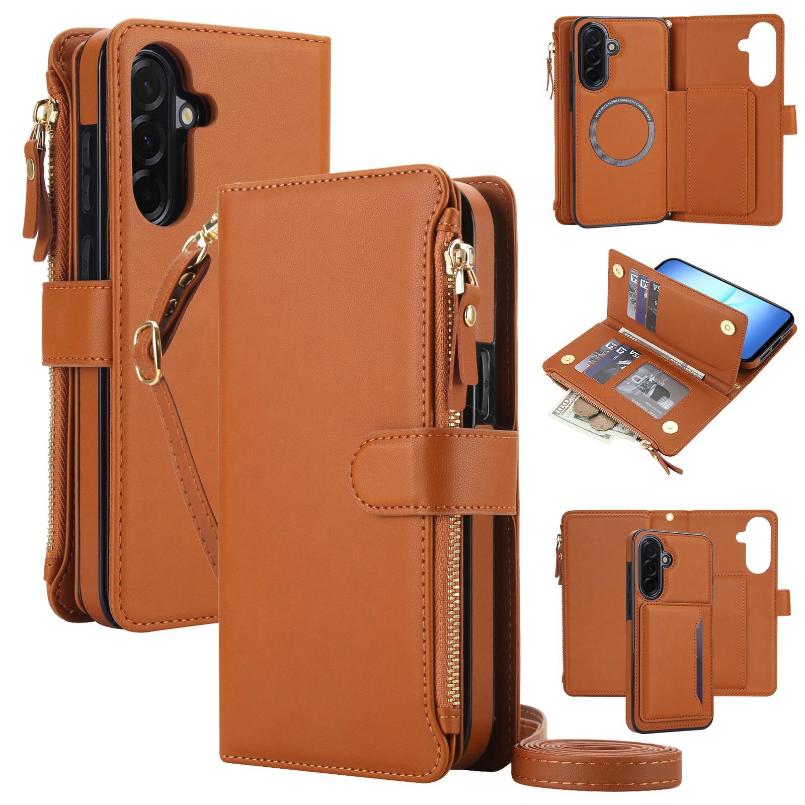 For Galaxy A26 5G / A17 5G KLT-033 Detachable 2 in 1 Zipper Wallet Magnetic Phone Case with Lanyard(Brown) - Shopkiz.com