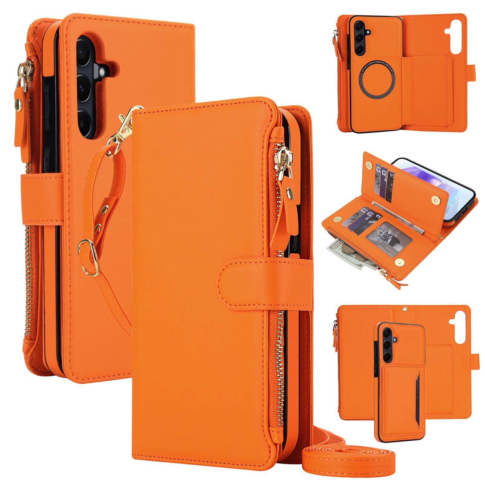 For Galaxy A35 5G KLT-033 Detachable 2 in 1 Zipper Wallet Magnetic Phone Case with Lanyard(Orange) - Shopkiz.com