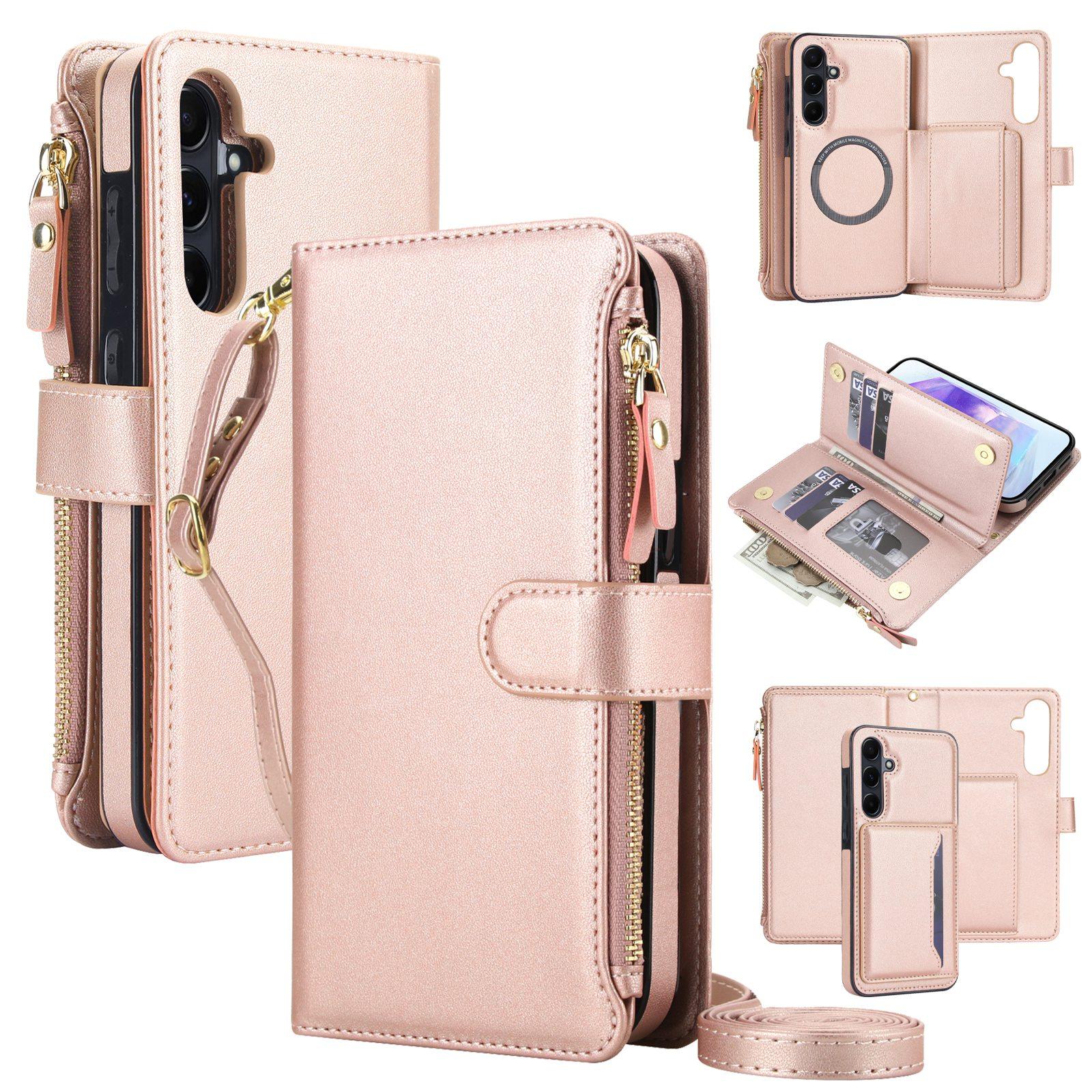 For Galaxy A35 5G KLT-033 Detachable 2 in 1 Zipper Wallet Magnetic Phone Case with Lanyard(Rose Gold) - Shopkiz.com