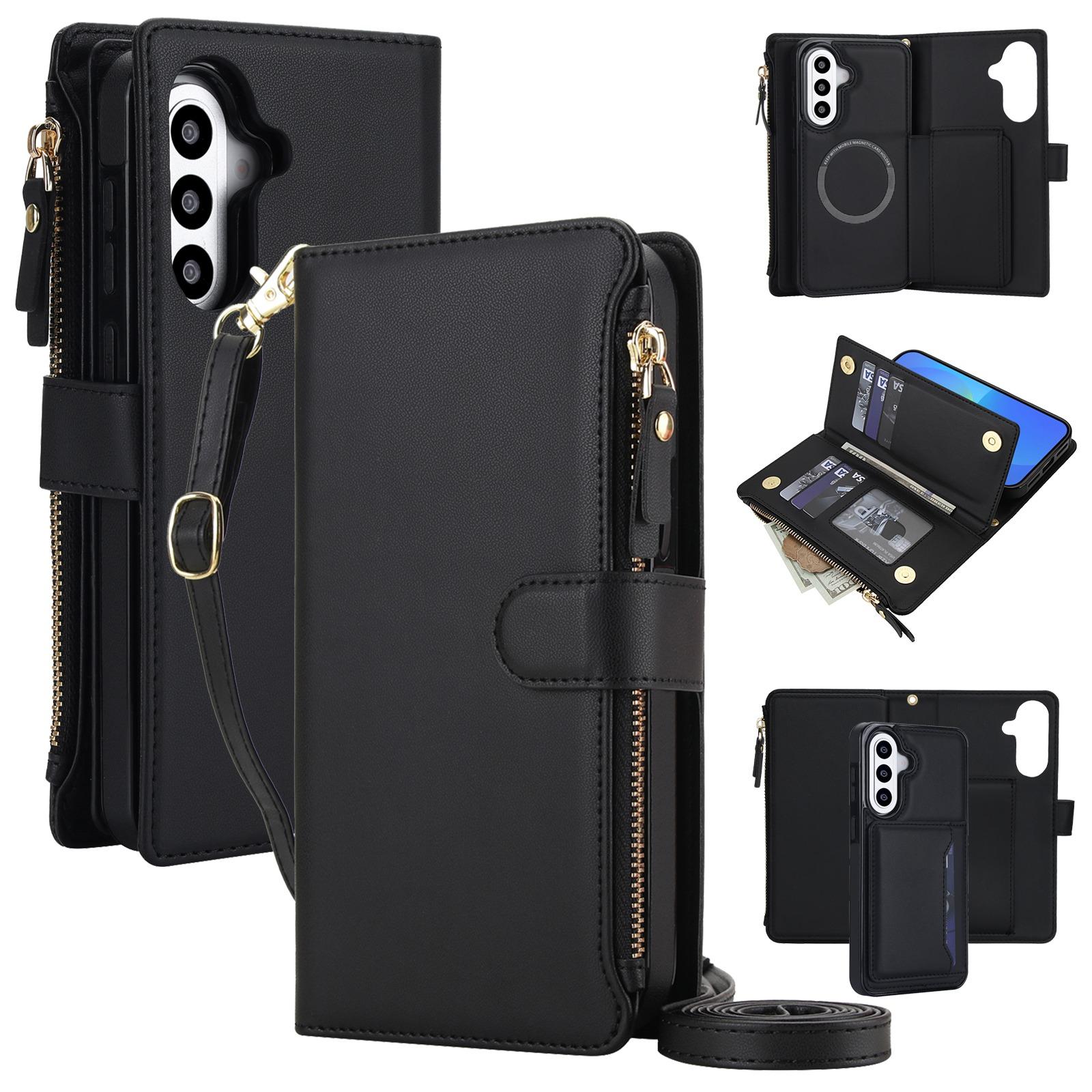 For Galaxy A37 5G KLT-033 Detachable 2 in 1 Zipper Wallet Magnetic Phone Case with Lanyard(Black) - Shopkiz.com