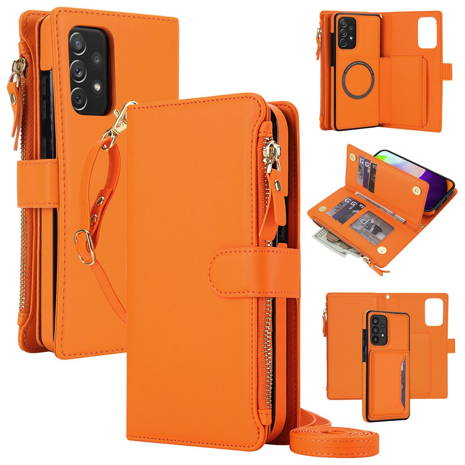 For Galaxy A52 5G KLT-033 Detachable 2 in 1 Zipper Wallet Magnetic Phone Case with Lanyard(Orange) - Shopkiz.com