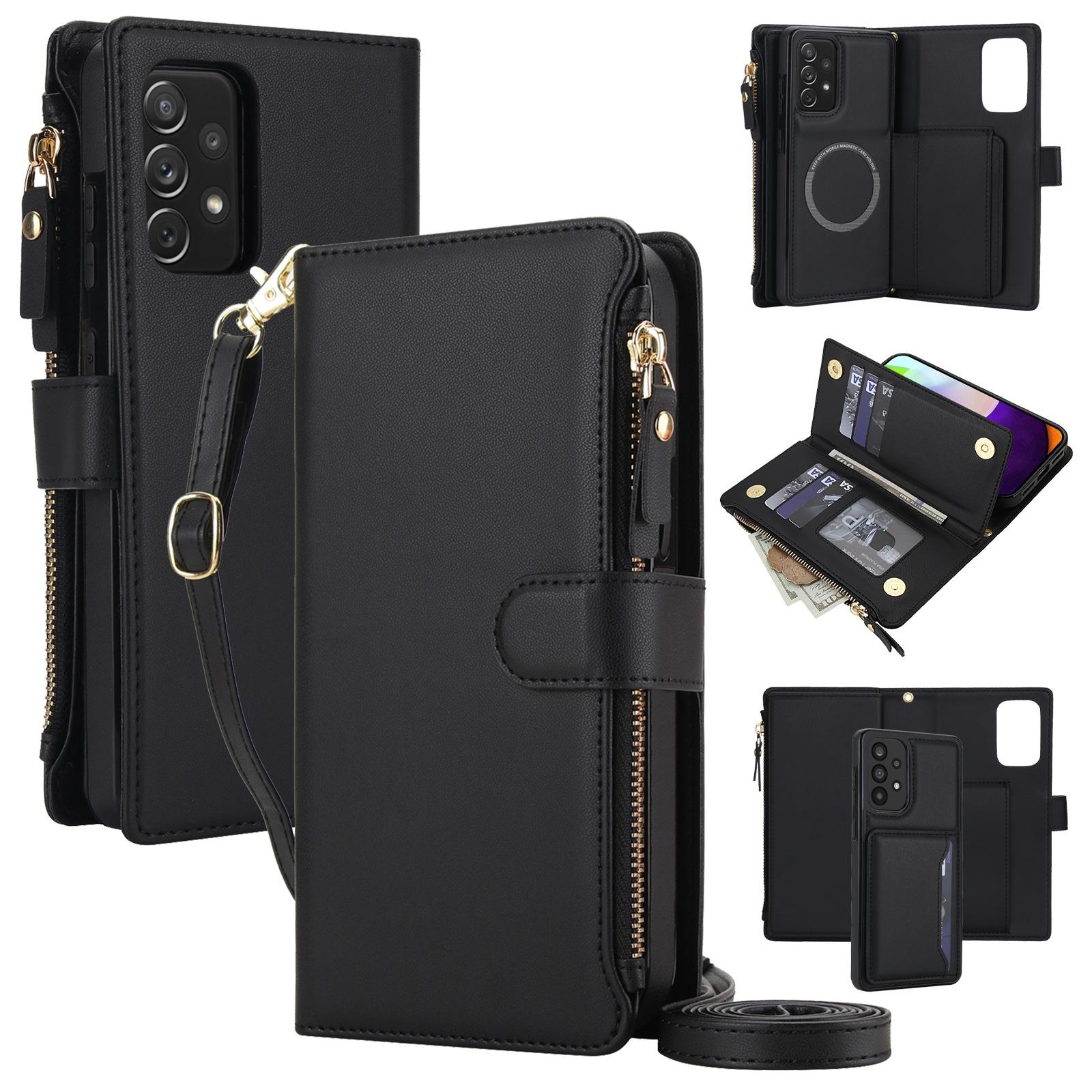 For Galaxy A52 5G KLT-033 Detachable 2 in 1 Zipper Wallet Magnetic Phone Case with Lanyard(Black) - Shopkiz.com