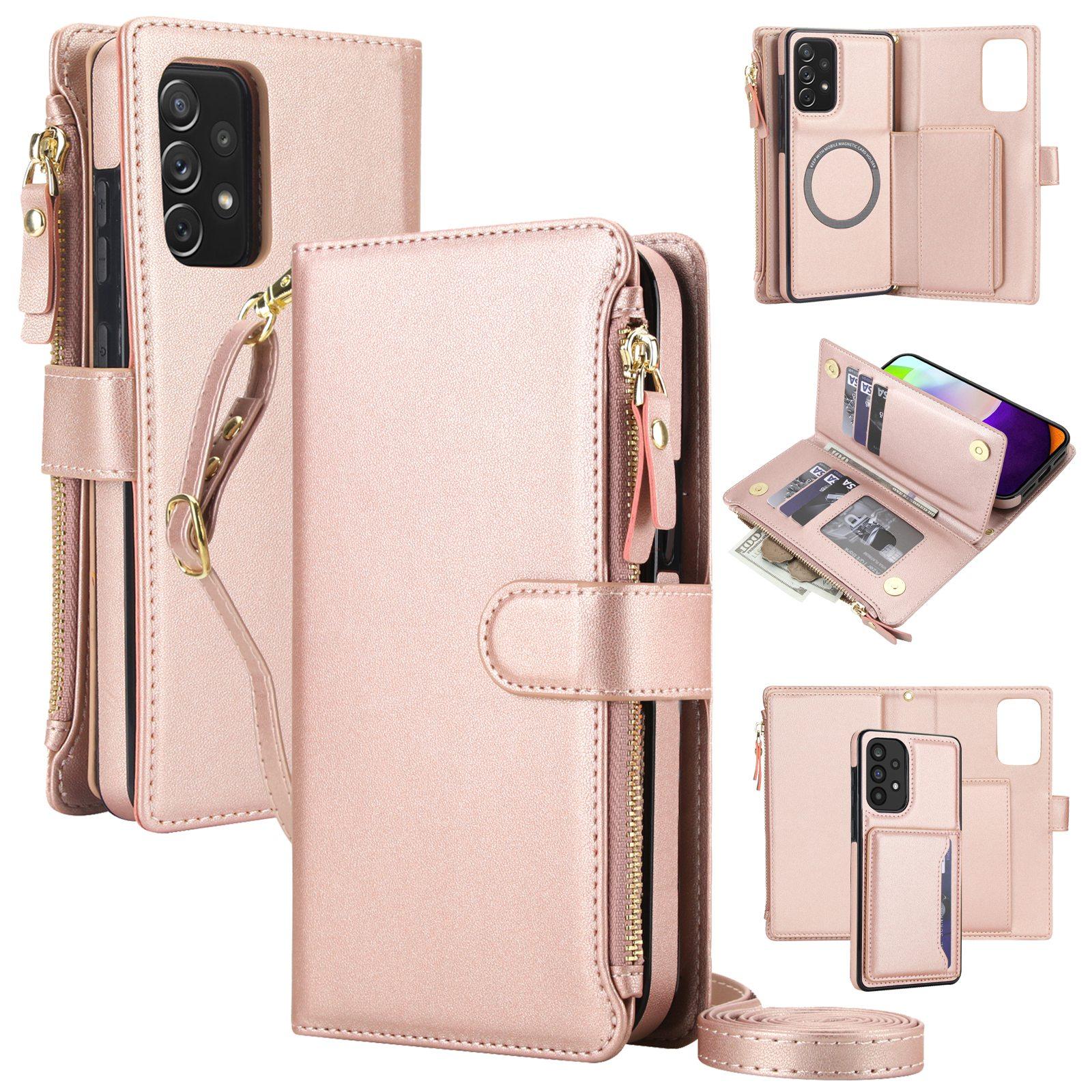 For Galaxy A52 5G KLT-033 Detachable 2 in 1 Zipper Wallet Magnetic Phone Case with Lanyard(Rose Gold) - Shopkiz.com