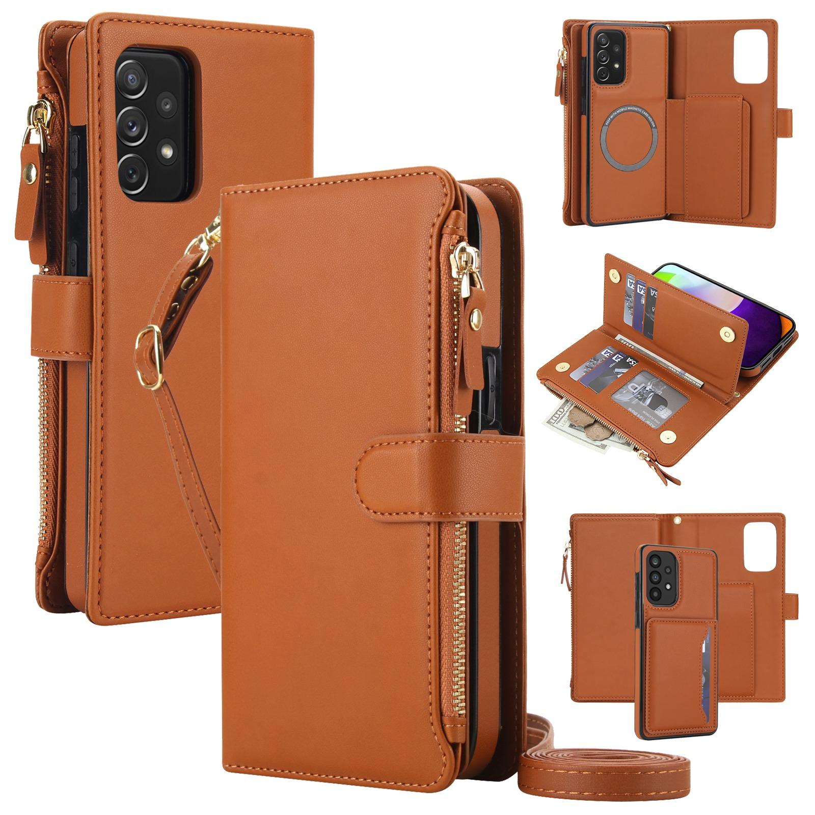 For Galaxy A52 5G KLT-033 Detachable 2 in 1 Zipper Wallet Magnetic Phone Case with Lanyard(Brown) - Shopkiz.com