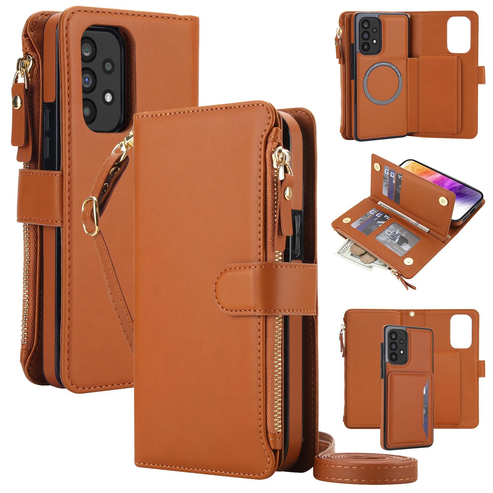 For Galaxy A53 5G KLT-033 Detachable 2 in 1 Zipper Wallet Magnetic Phone Case with Lanyard(Brown) - Shopkiz.com