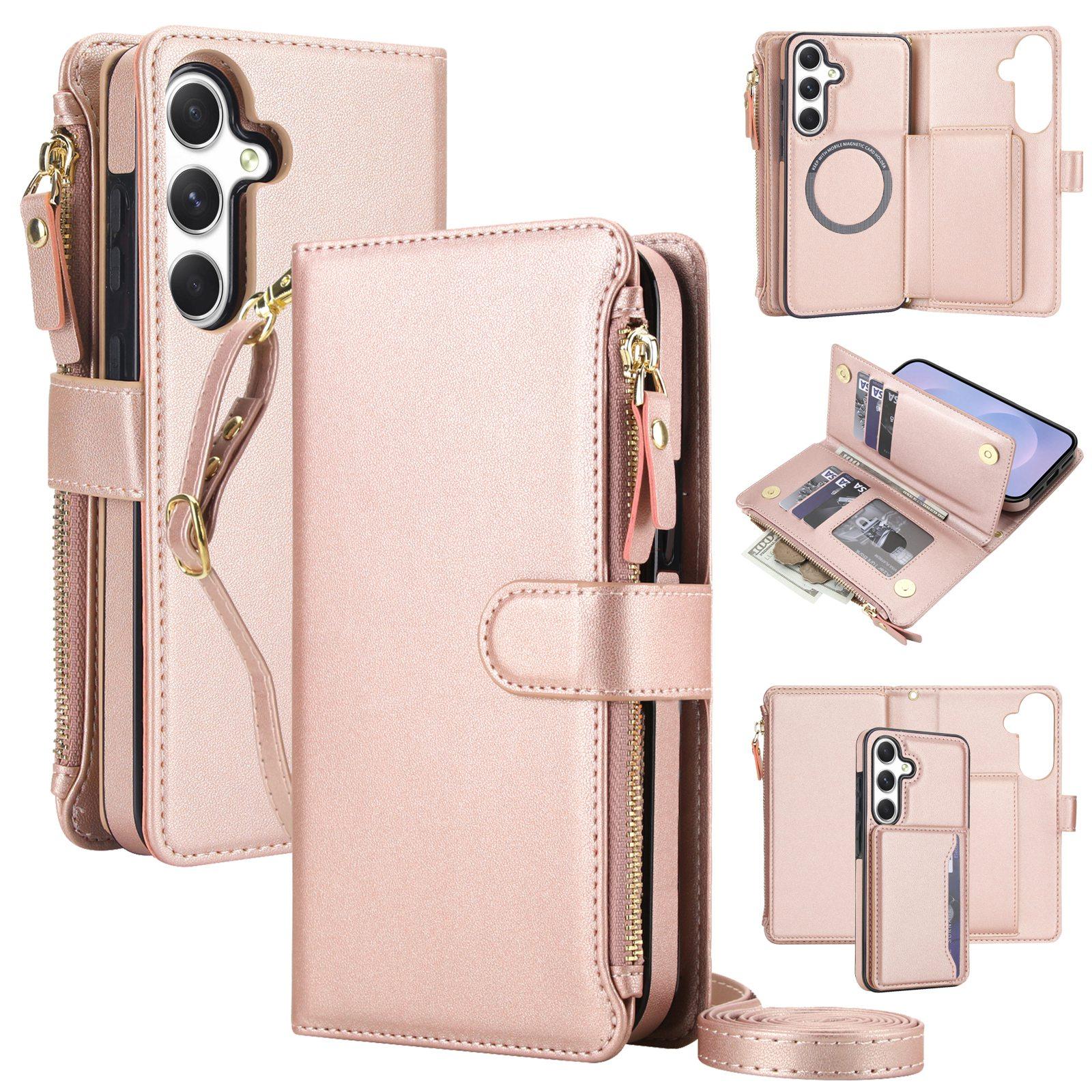 For Galaxy A54 5G KLT-033 Detachable 2 in 1 Zipper Wallet Magnetic Phone Case with Lanyard(Rose Gold) - Shopkiz.com